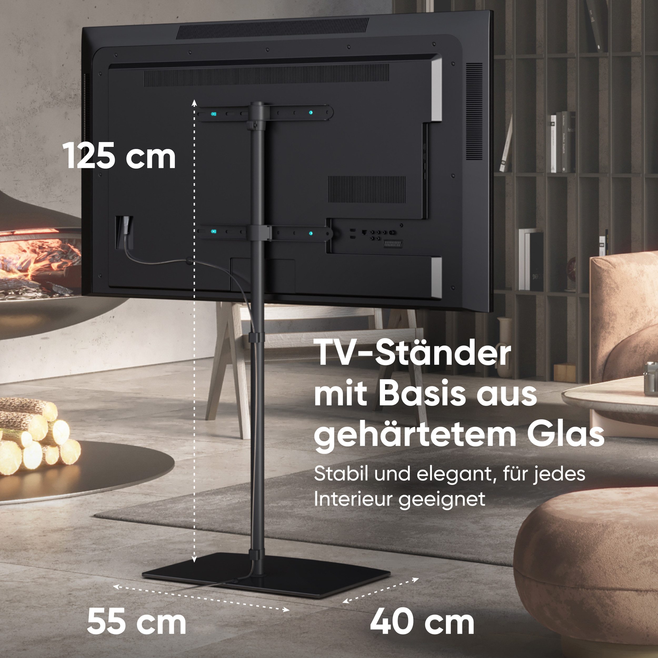 ONKRON TV-Ständer ONKRON 30-60 Zoll, bis 41 kg, TS5065-B, (bis 60,00 Zoll, TV Bodenständer, TS5065-B, max. Belastbarkeit bis zu 41 kg, schwenkbar, Hartglas, Flach&Curved)
