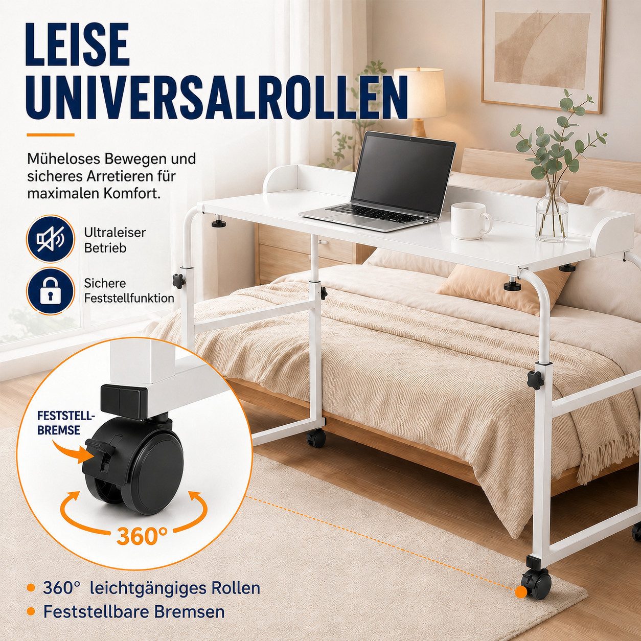 BlingBin Wangentisch Schreibtisch, Ausziehbarer Roll-Mobilität Tisch, Betttisch mit Rollen (1er Set, 1-St., Breite 120-140 cm & Höhe 65-95 cm), Überbettschreibtisch, Computertisch, Steharbeitsplatz, Essenstablett