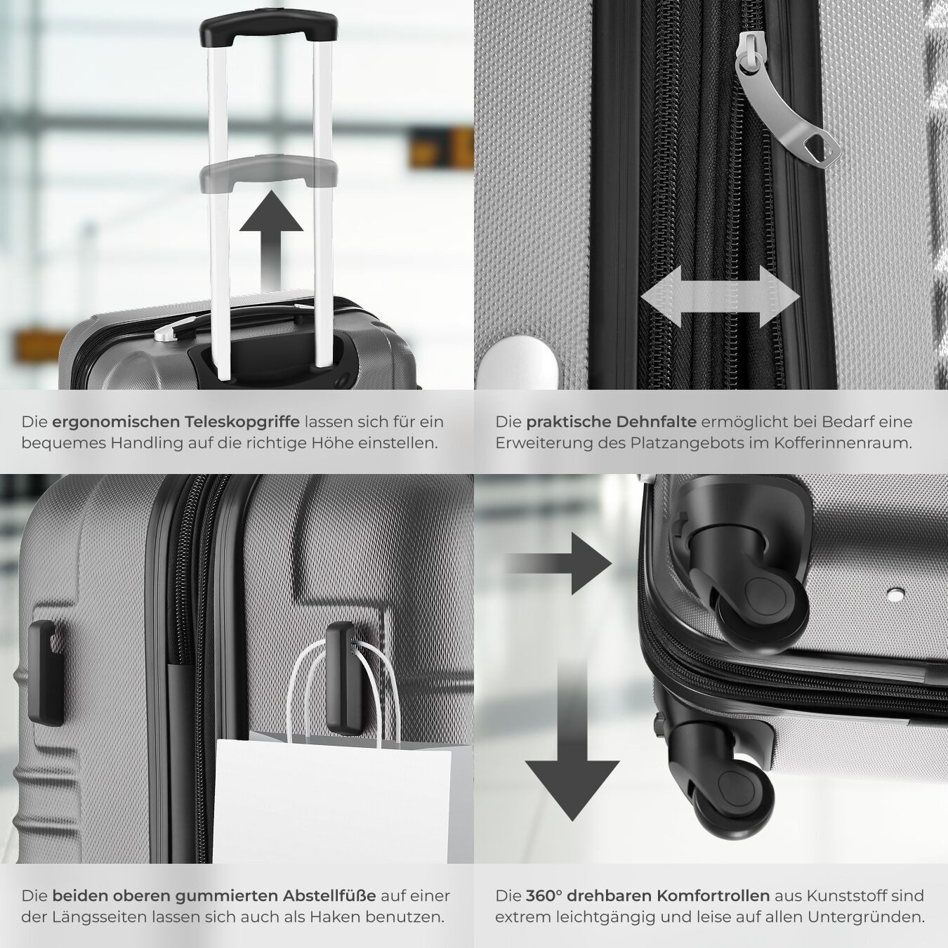 tectake Trolley Hartschalenkoffer-Set aus robustem ABS-Kunststoff, TSA-Zahlenschloss, 4 Rollen, mit Teleskopgriff, 360° drehbare, abnehmbare Rollen, abteilbar