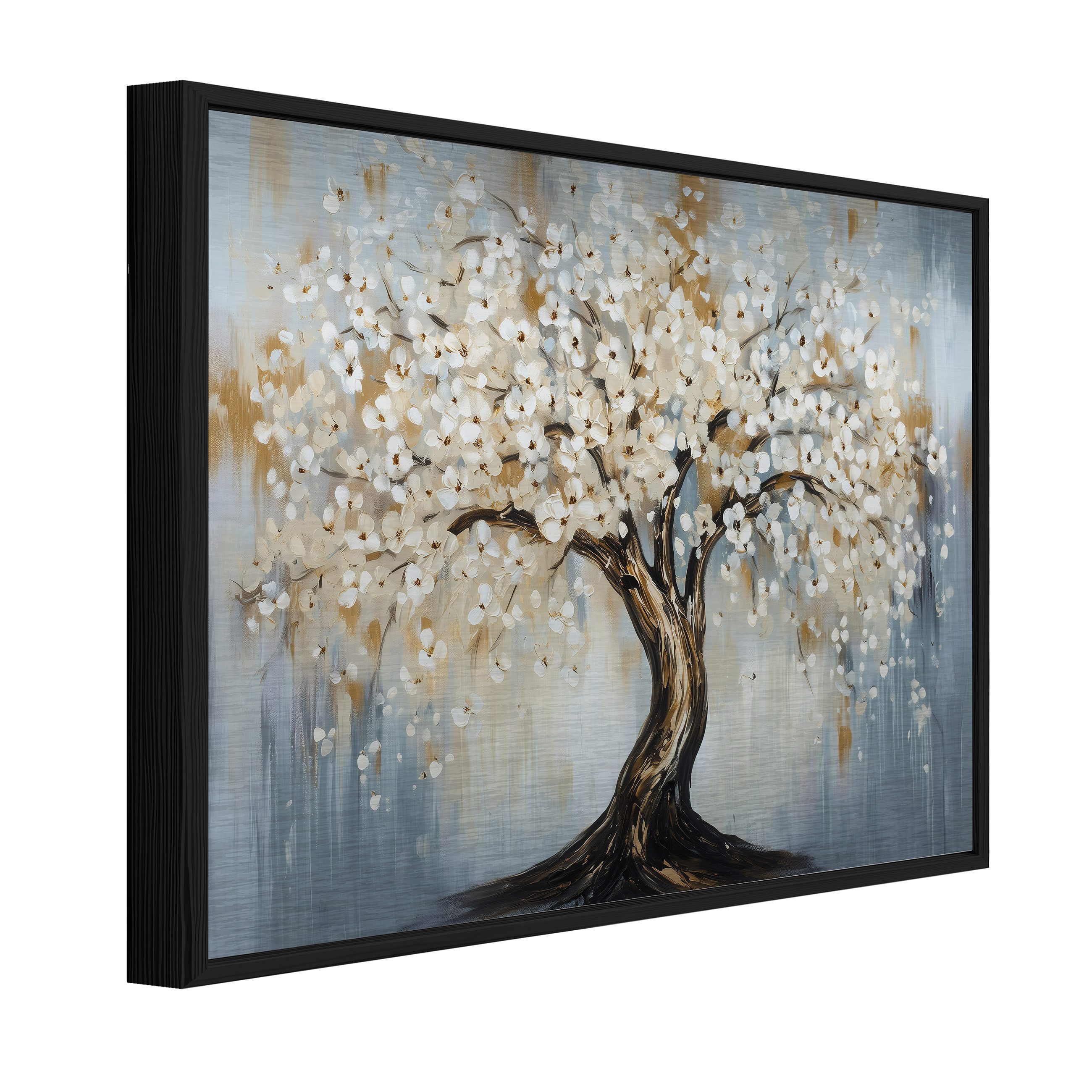 Wallarena Metallbild Baum weiß gold grau Wanddeko Bilder mit Rahmen Wohnzimmer, Baum (Packung, 1 St), Bilder mit Rahmen Metallbilder Modern Wanddeko gross XXL