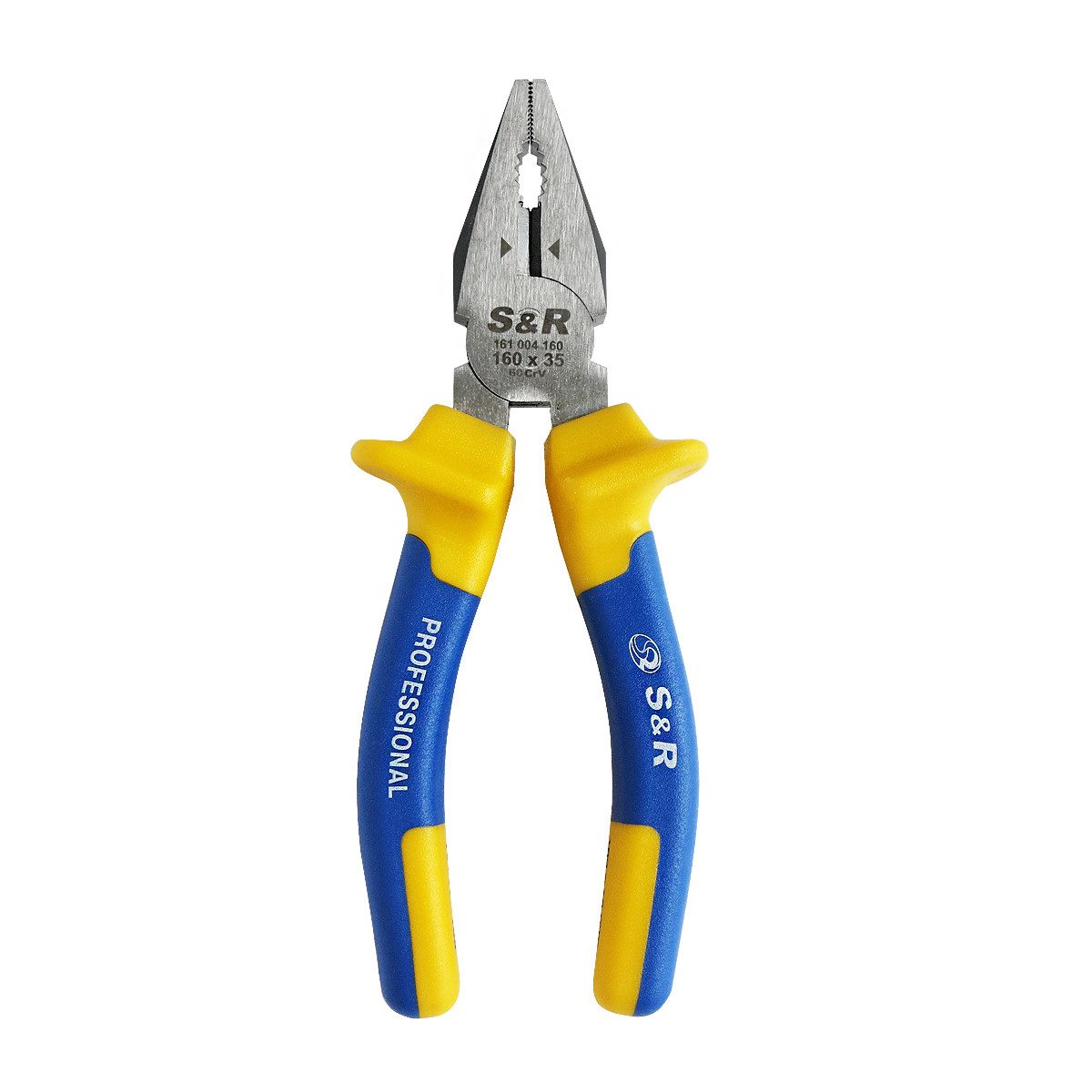 S&R Kombizange 160 mm x 35mm, Cr-V, 2-Komponentengriffe, gummiert, 1-tlg., + Seitenschneider für mittelhartem Draht Ø 3,0 und hartem Draht Ø 2,1