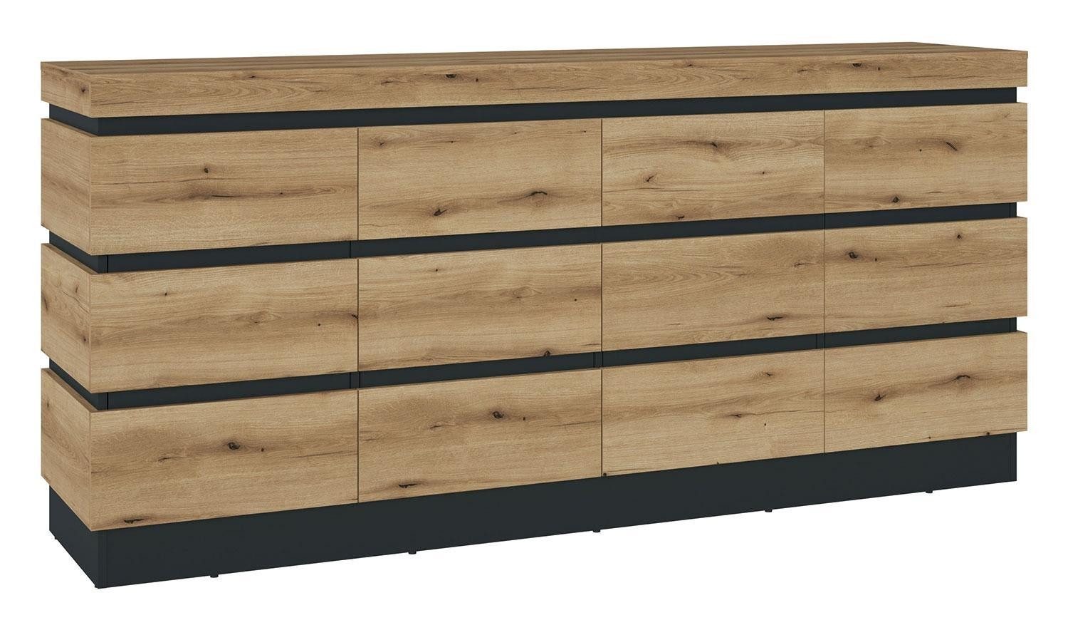 Sideboard CORTE, B 201 x H 92 cm, Coast Evoke Eiche Dekor, Grau, 4 Türen und 2 Schubladen