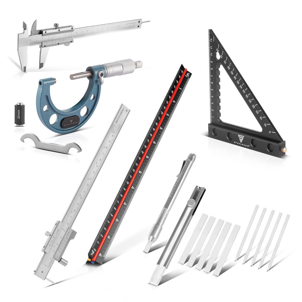 STAHLWERK Messschieber Messwerkzeugset 6tlg. 2 Messschieber Mikrometer Lineal Dreieck Kreide, Set, Set