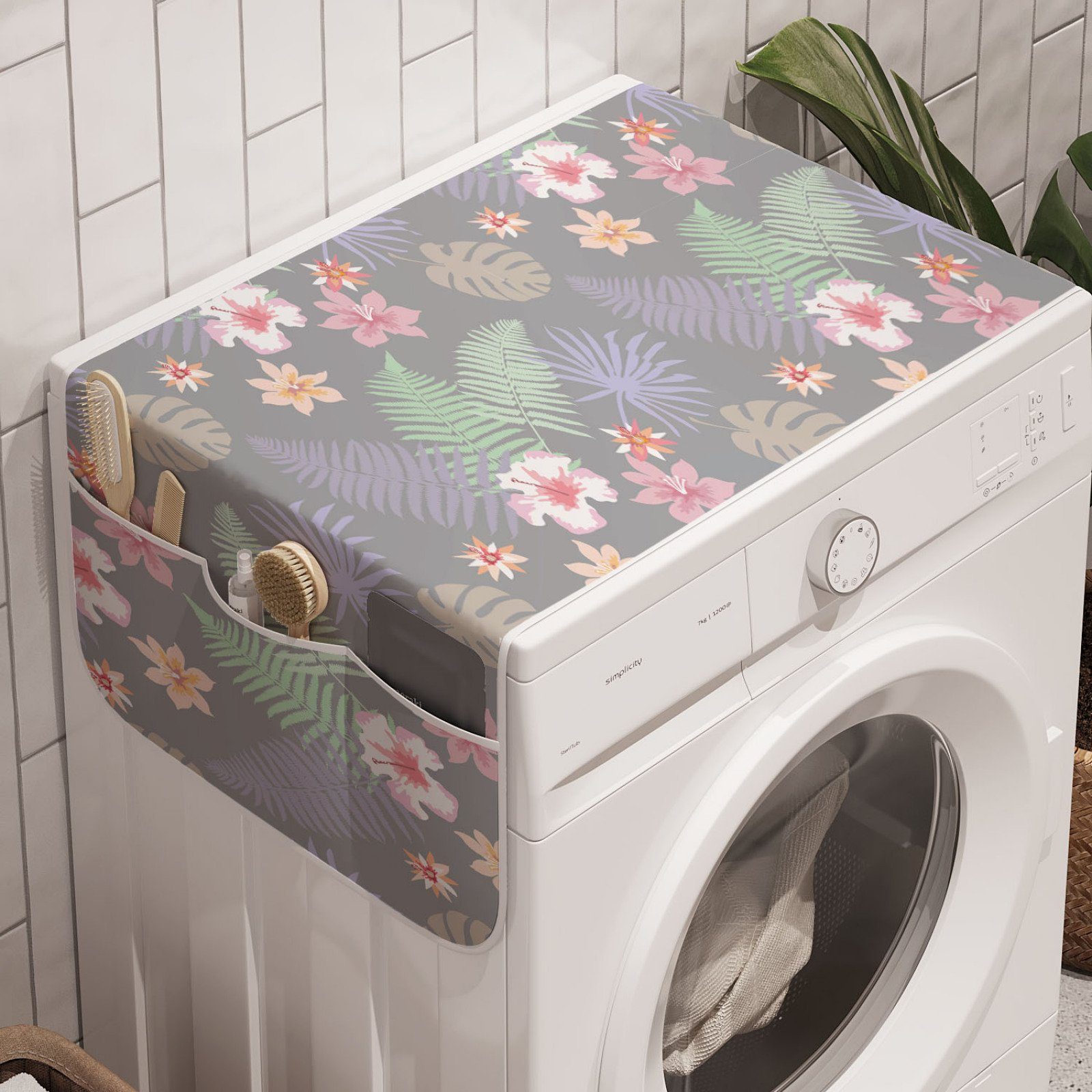 Abakuhaus Badorganizer Anti-Rutsch-Stoffabdeckung für Waschmaschine Trockner, Weich Blumen Exotische Blätter und tonte