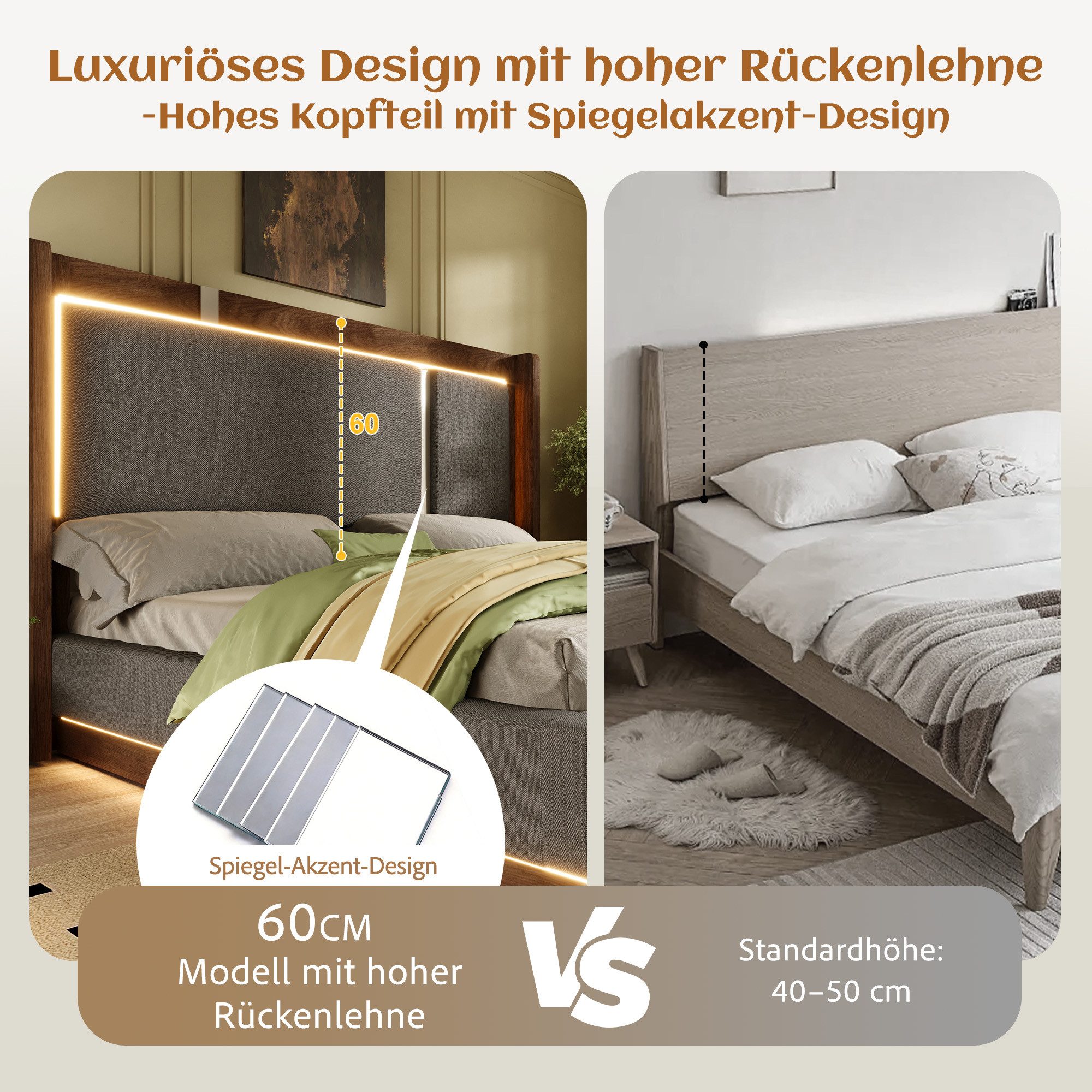 MODFU Polsterbett mit Retro-Look & App-gesteuerter LED (Packung, Grau, Leinen, 140x200 cm), Hydraulik-Bettkasten, ohne Matratze