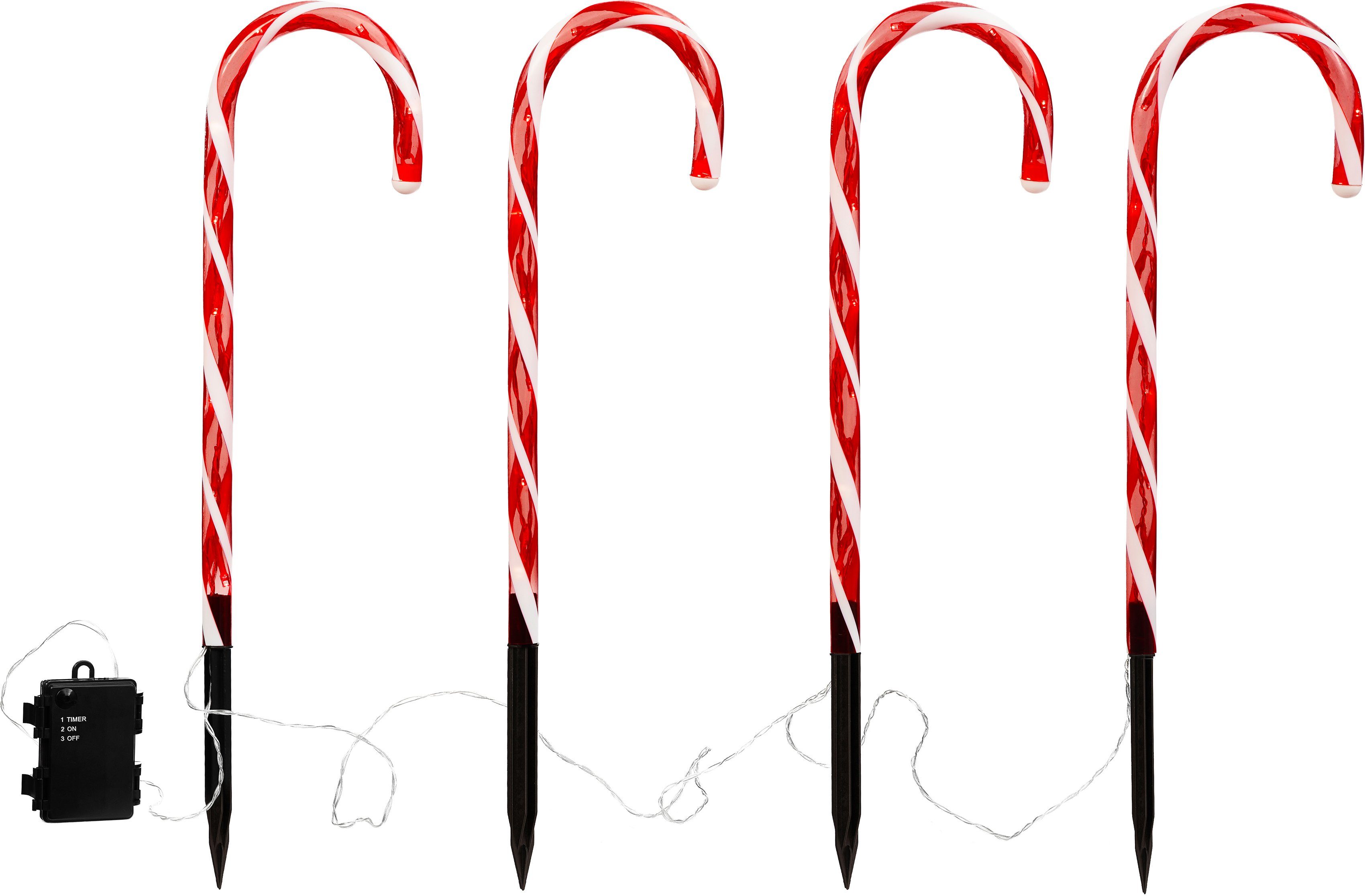 IC Winterworld LED Gartenleuchte Weihnachtsdeko rot, Gartenstecker, Zuckerstangen-Design, mit Timerfunktion