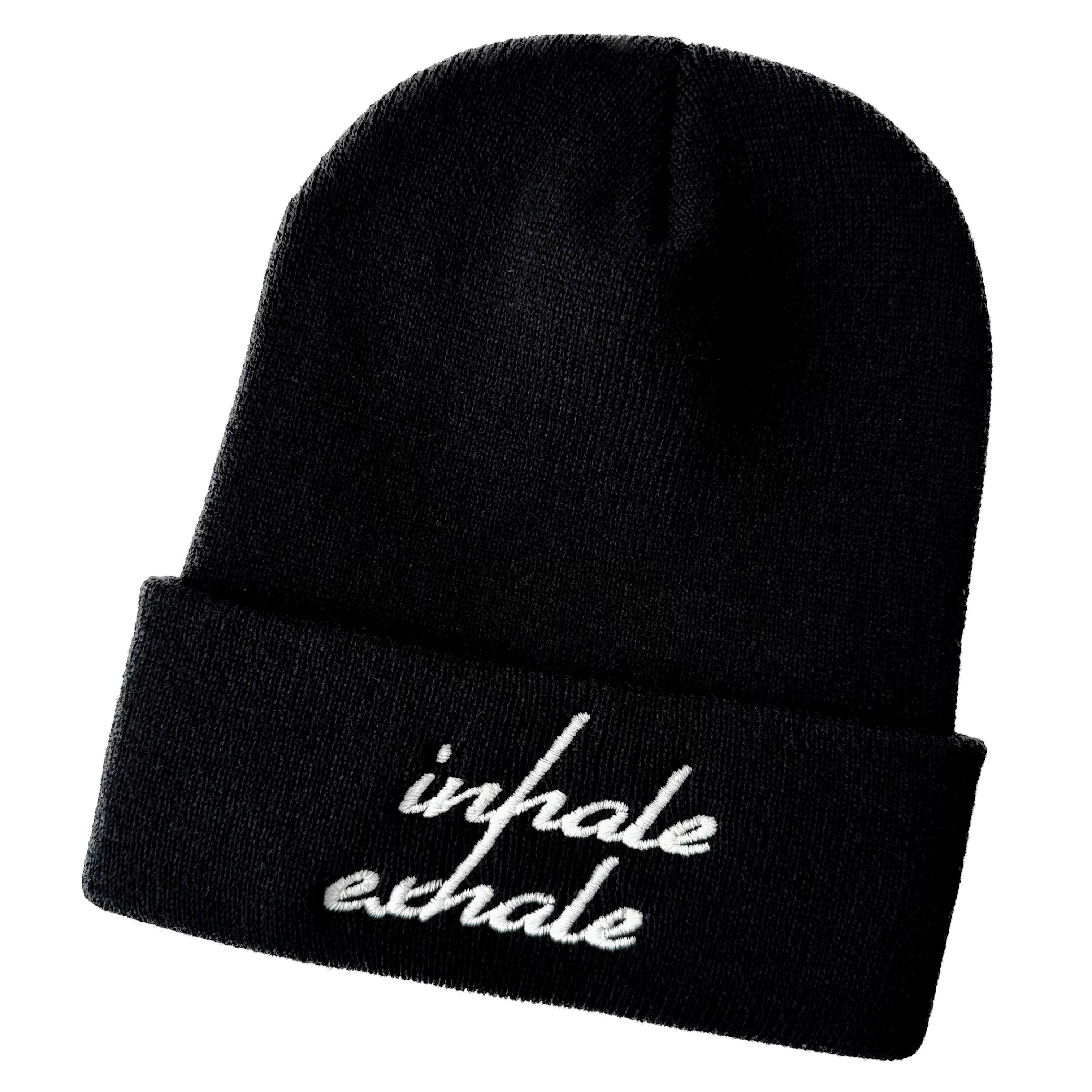 Streetwear Strickmütze Umschlag bestickt (Beanie) Wintermütze breitem und exhale inhale Spruch mit Unisex Stickerei Schnoschi