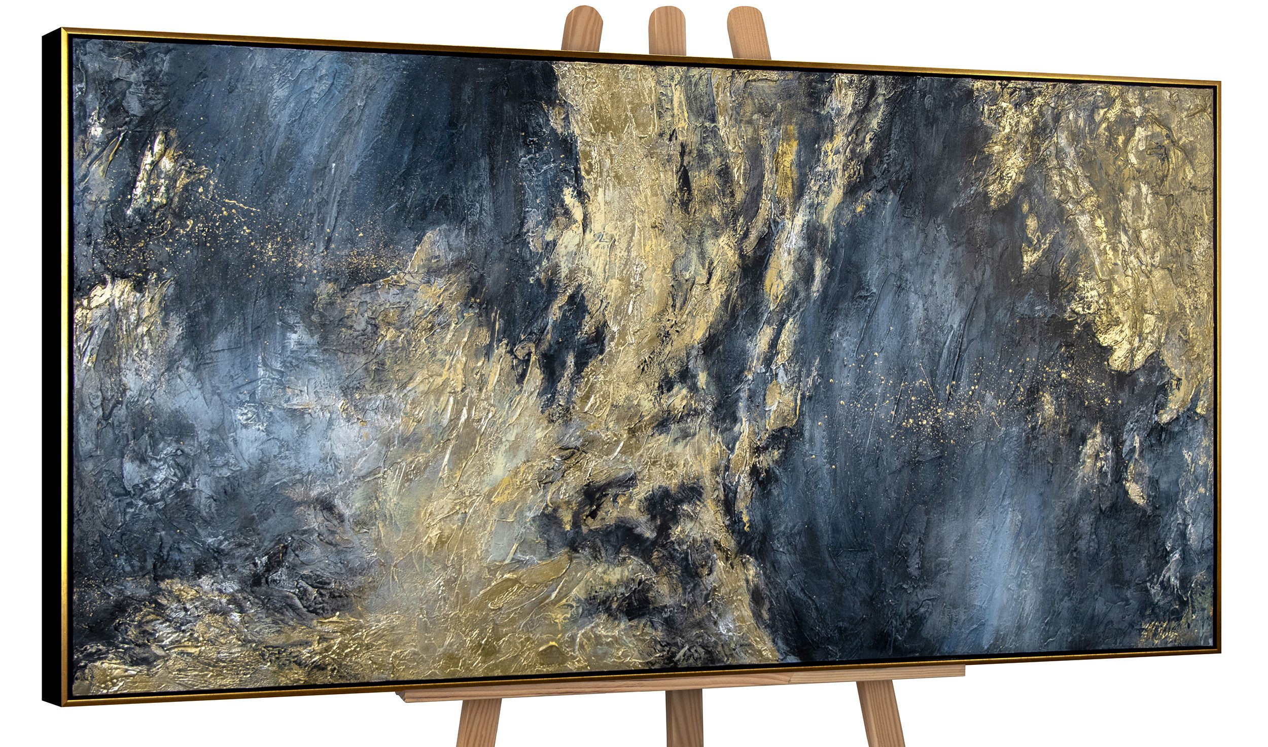 YS-Art Картина Spiegelungen II, Leinwandbild Abstrakt in Blau und Gold mit Rahmen