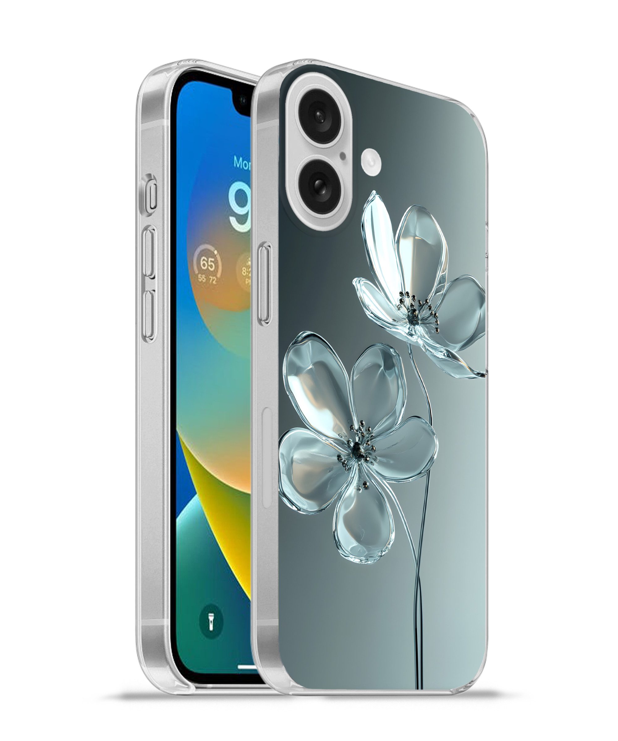 MuchoWow Handyhülle für Apple iPhone 16 Kristall - Blumen - Grau, Smartphone-Bumper, Print, Handy Schutzhülle Dünn