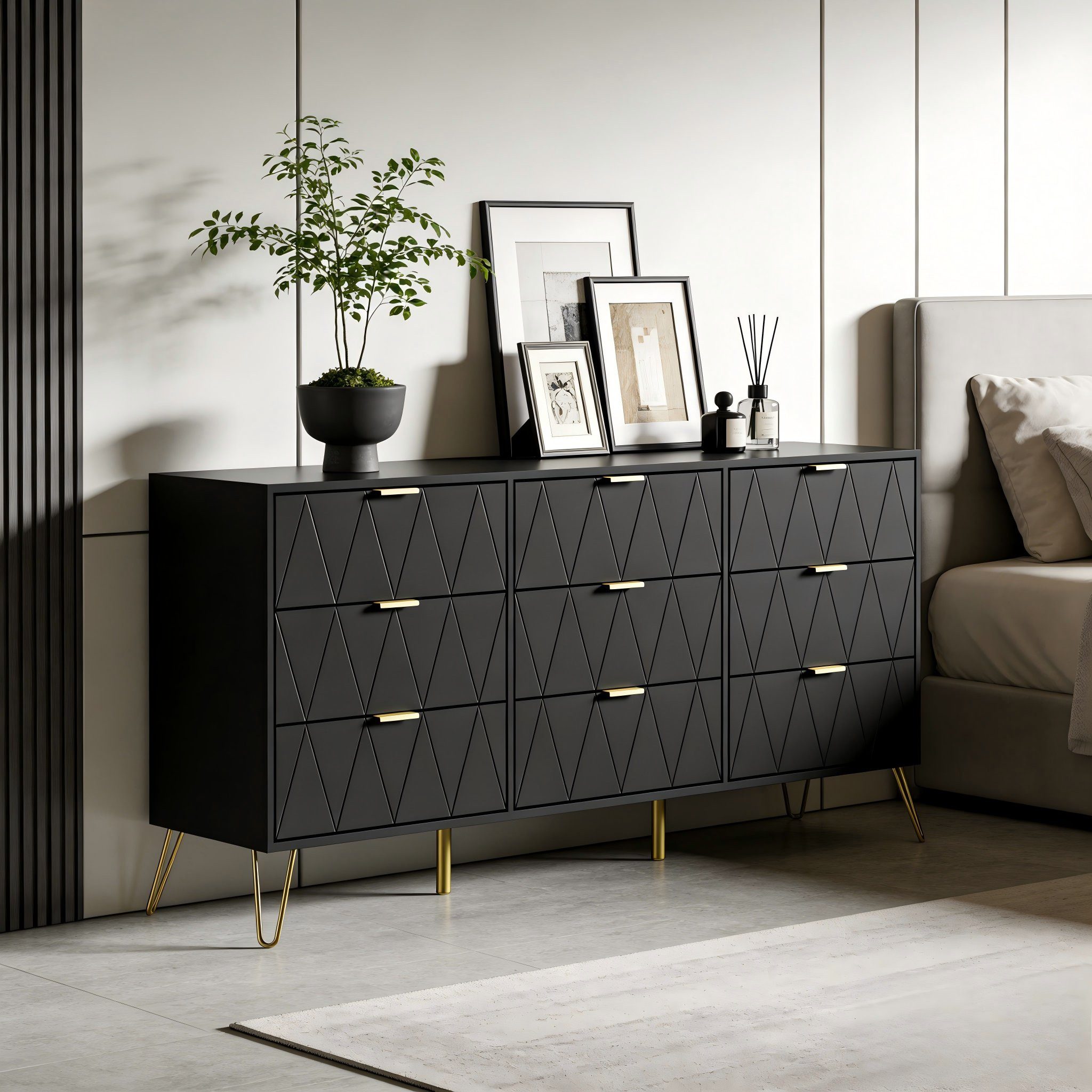 UEV Kommode modern Sideboard schmal Mehrzweckschrank für Kleidung Dokumente (Packung, Schubladenschrank mit Kippsicherung für Wohnzimmer Schlafzimmer Flur), TV Board Schubladenschrank Buffet 150x34x74cm Aufbewahrungsschrank