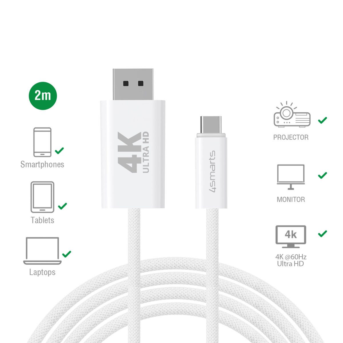 4smarts Notebook-Rucksack 4smarts USB-C auf Display Port Kabel 2m, weiß