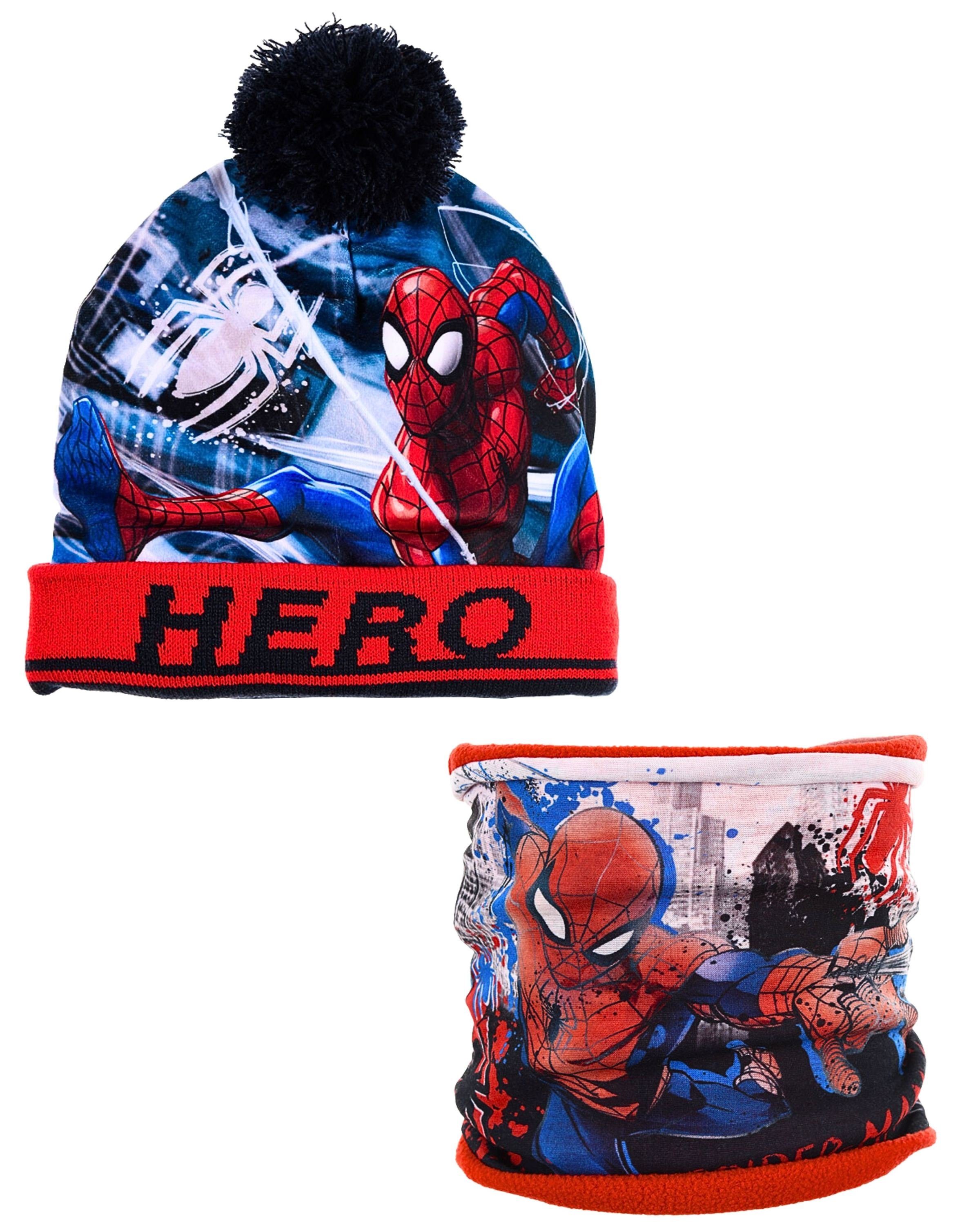 Spiderman Bommelmütze Hero - Marvel (2-St) Jungen Winter-Set Mütze & Schlauchschal mit Fleece Gr. 52, 54 cm Dunkelblau-Rot