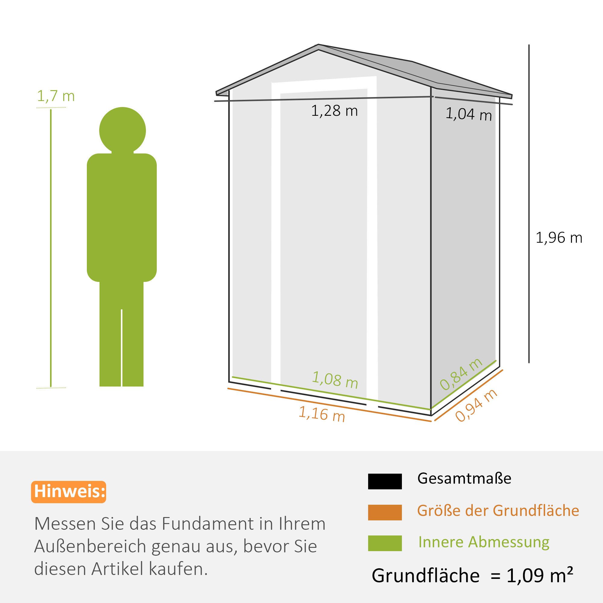 Outsunny Gerätehaus mit Holzoptik, Fenster, Satteldach, Belüftung, Boden, Schloss, BxT: 128x104 cm, (Geräteschuppen, 1 St., Gartenschuppen), für Werkzeuge Grau