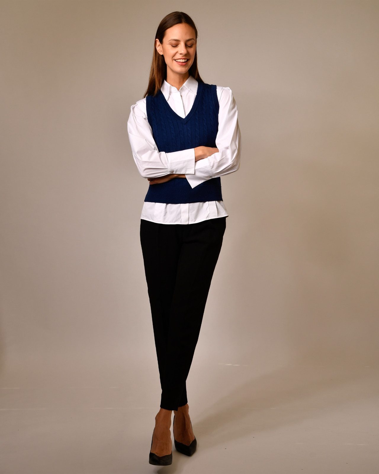 MayTree Pullunder Damenpullunder V-Kragen nachtblau L (Stück, 1-tlg) 100% Merino