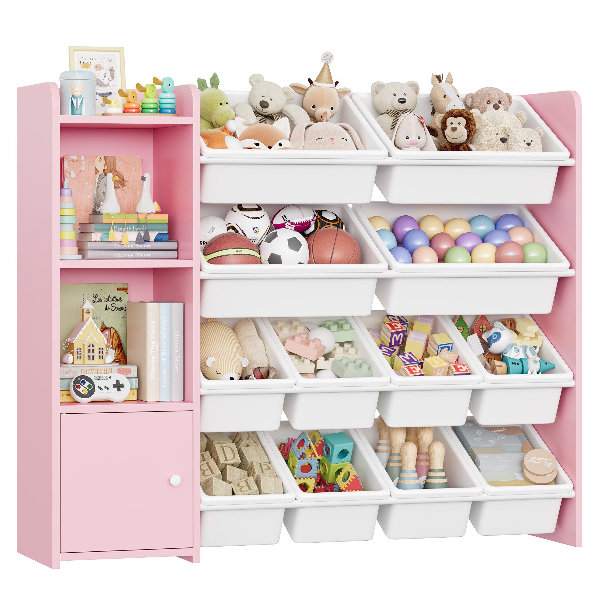 Homfa Spielzeugtruhe, Kinderregal Bücherregal Spiegelregal mit 12 Boxen weiß 112,5x30x100cm