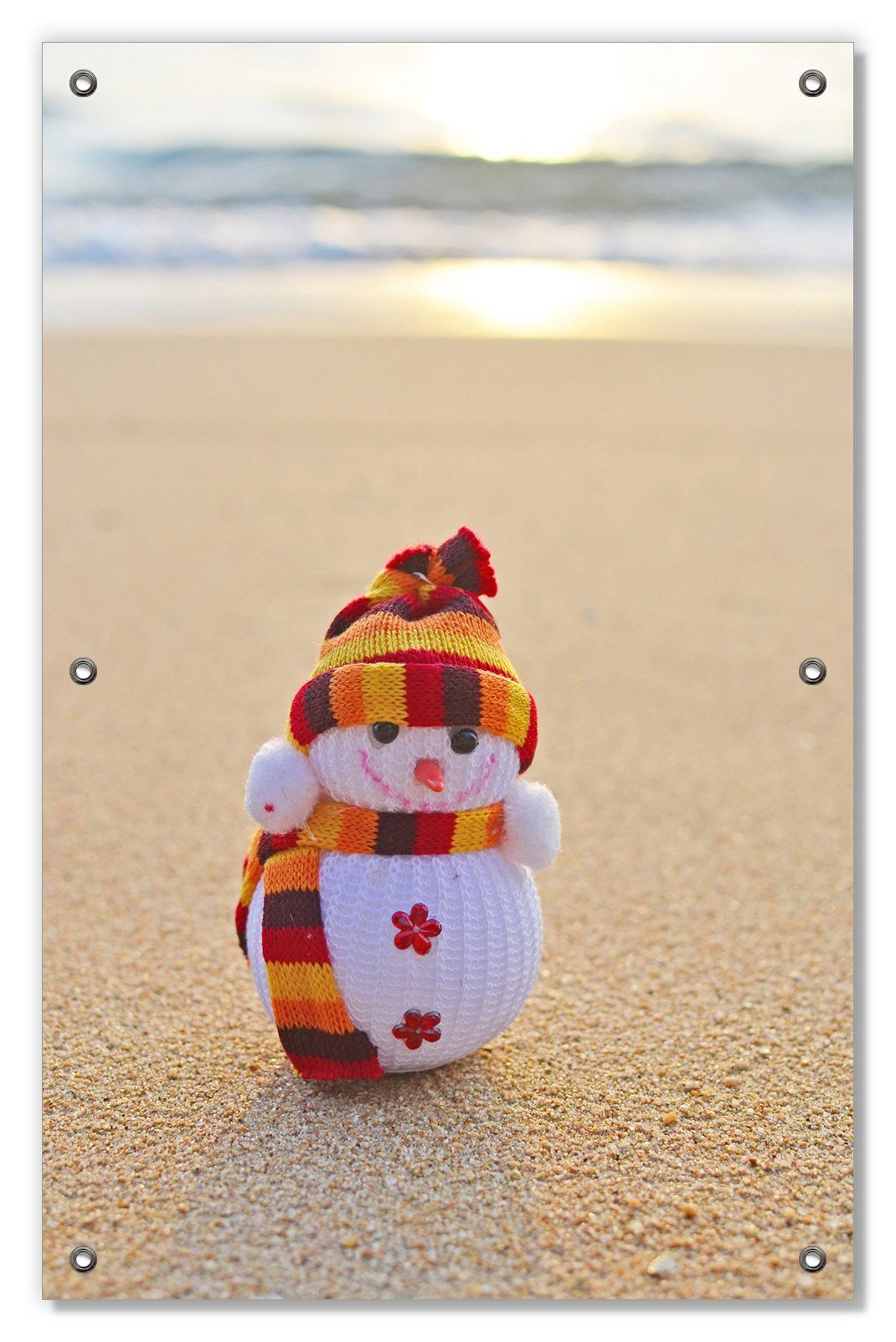 Sonnenschutz Schneemann am Strand, Wallario, blickdicht, mit Saugnäpfen, wiederablösbar und wiederverwendbar