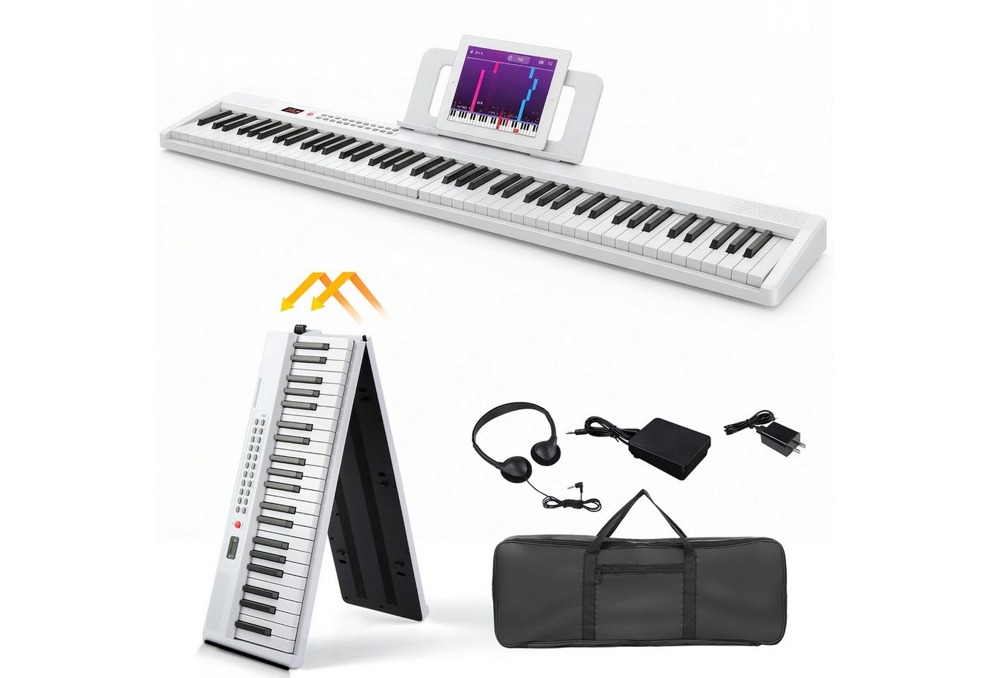 LALAHO Digitalpiano Klappbare E-Keyboard mit 88 Tasten, Klappklavier, Bluetooth und MIDI, tragbar, mit Kopfhörer, Lautsprecher
