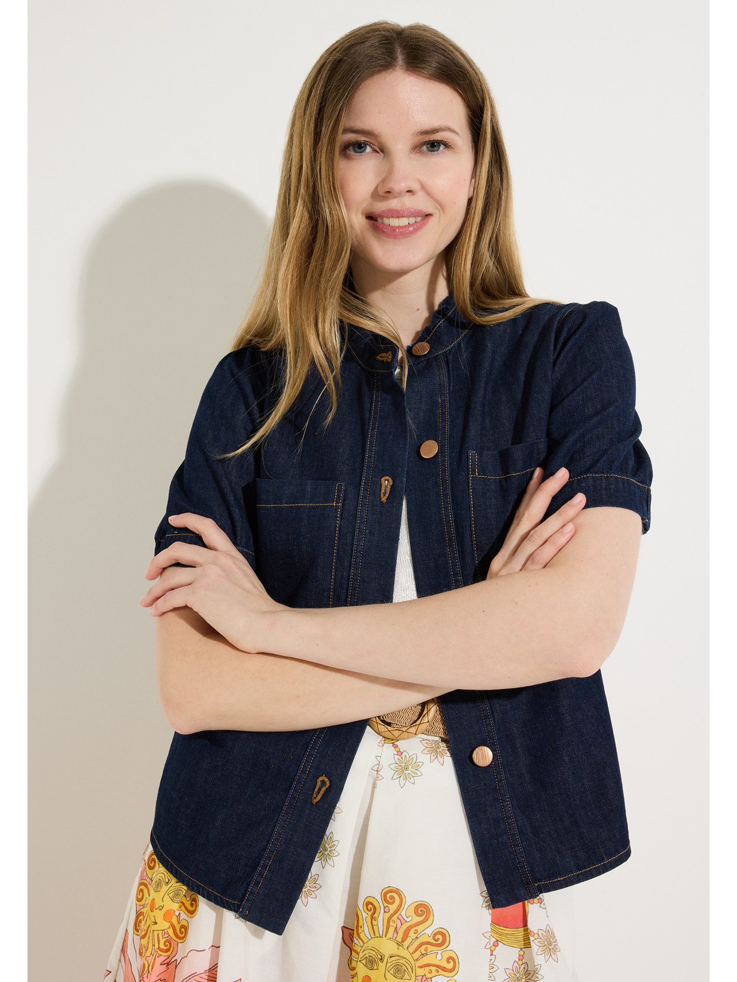 MORE&MORE Kurzarmbluse feminine, dark denim Kurzarm-Jeansbluse günstig online kaufen