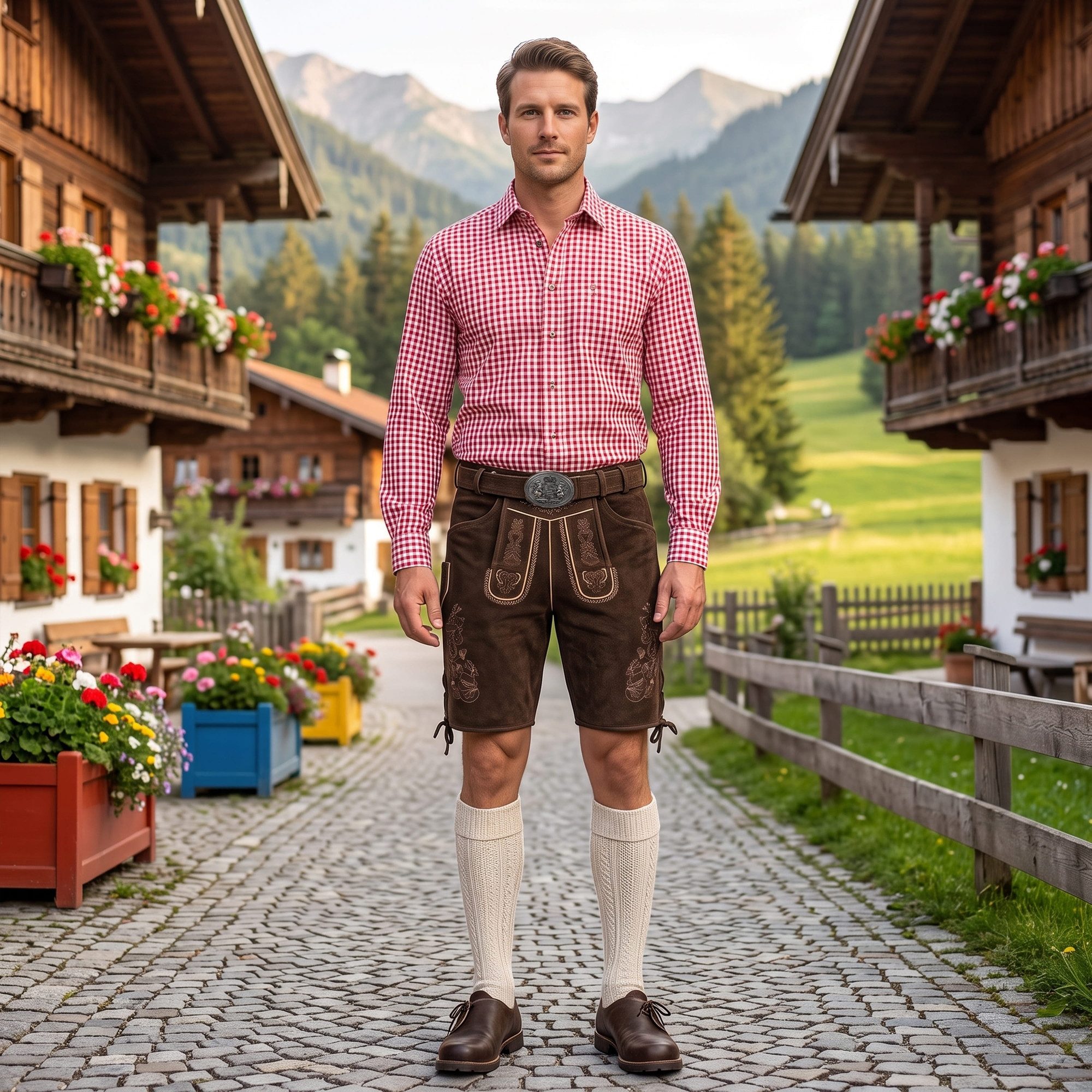 German Wear Trachtenlederhose GW722 kurze Lederhosen Hans 100% Nappa-Wildleder mit Gürtel