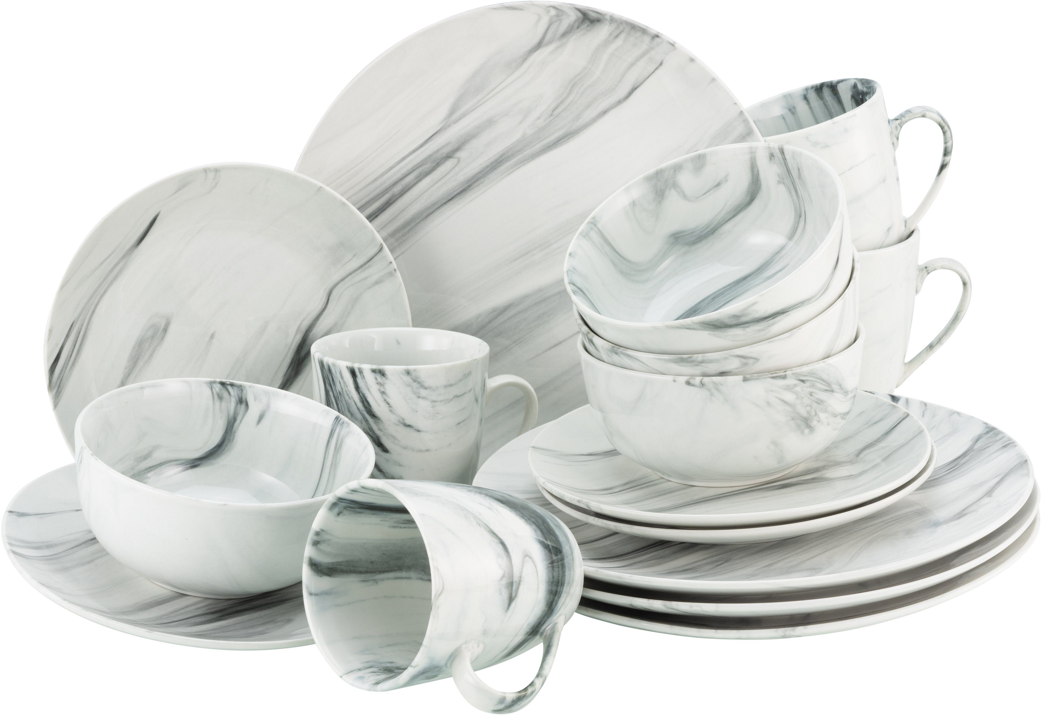 CreaTable Kombiservice Geschirr-Set Marmor (16-tlg), 4 Personen, Porzellan, Service, tolle Optik, 16 Teile, für 4 Personen
