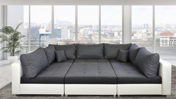 Fun Möbel Wohnlandschaft Sofa U-Form ANDRO, Inkl. Schlaffunktion, Bettkasten und Hocker, in drei verschiedenen Stoffen, Inkl. 2 Zierkissen und 7 Rückenkissen