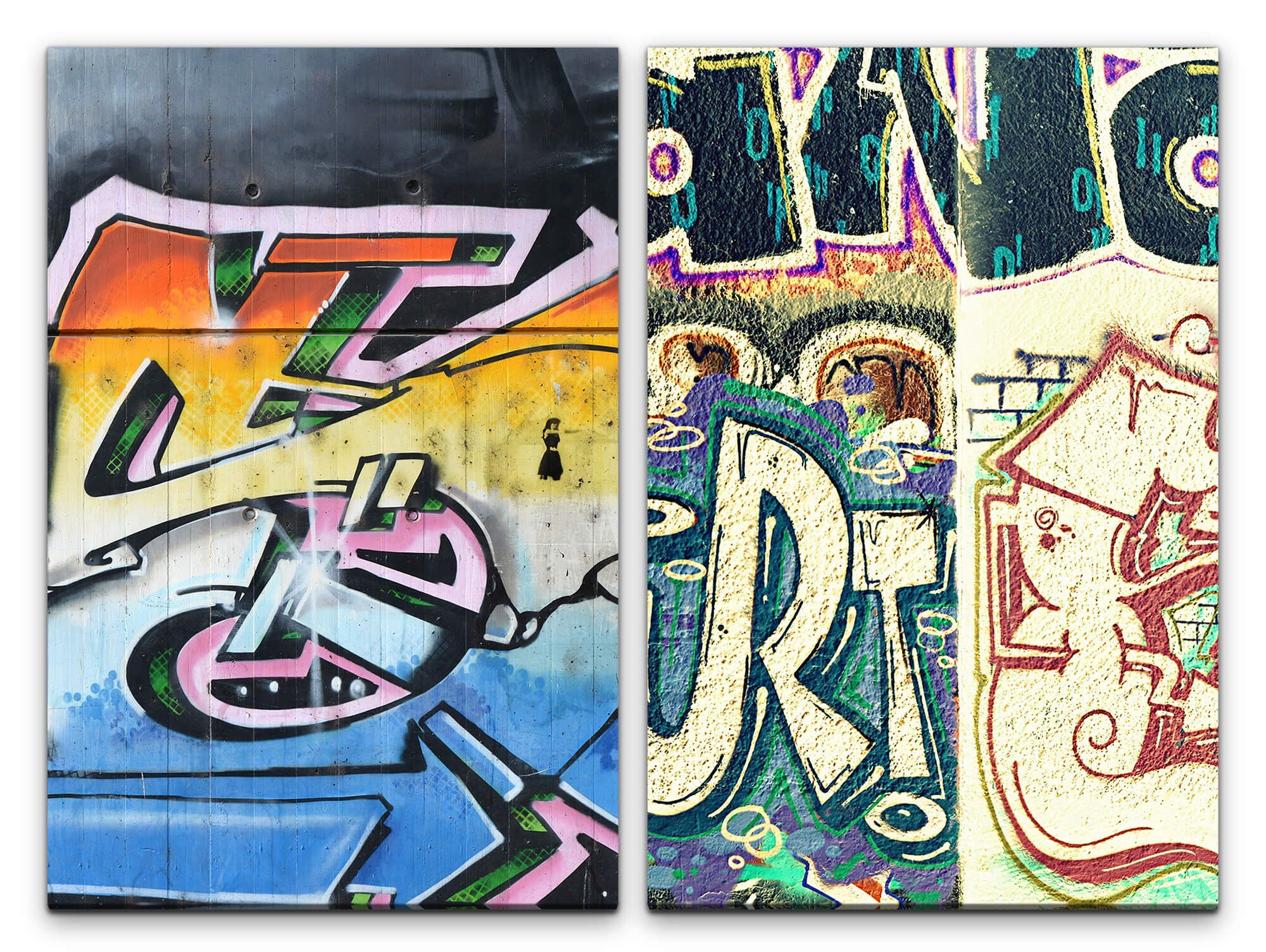 Sinus Art Leinwandbild 2 Bilder je 60x90cm Street Art Graffiti Tags Wand Hip Hop Jugendzimmer Bunt