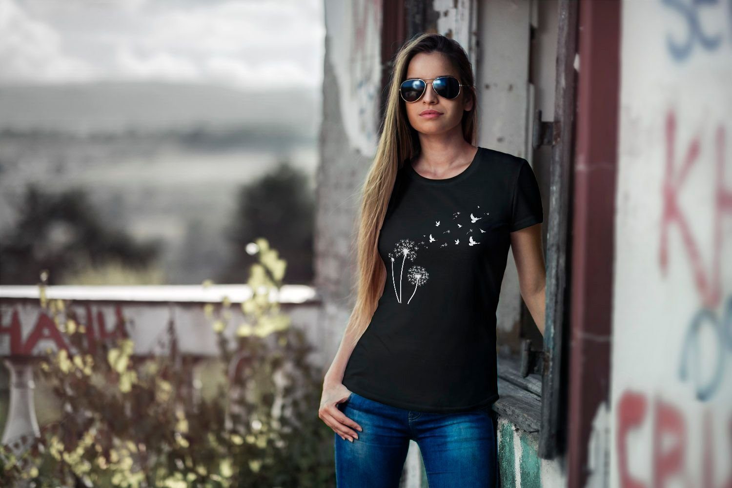 schwarz Birds Neverless® Print-Shirt Fit Damen Dandelion T-Shirt Vögel Pusteblume Slim Neverless Print mit