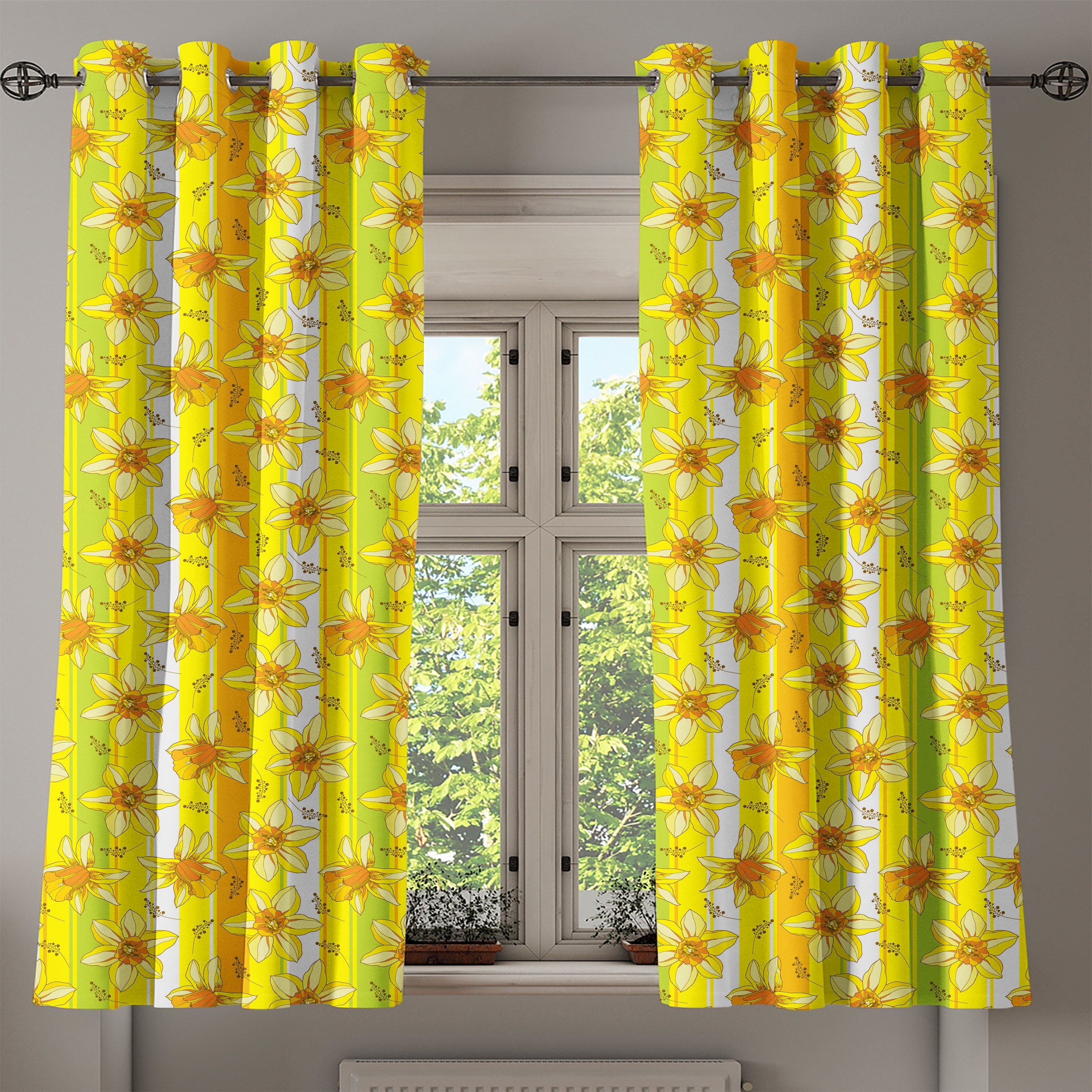 Dekorative Narcissus 2-Panel-Fenstervorhänge Wohnzimmer, für Gelbe Schlafzimmer Abakuhaus, Blume Blossom Gardine