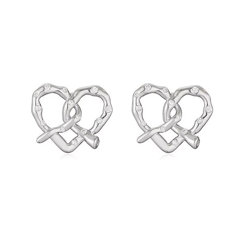 Runde Perlé Paar Ohrstecker große Breze Herz Zirkon Ohrstecker, Trachtenschmuck, handgefertigte Ohrringe, 925er Silber, 14K Gold