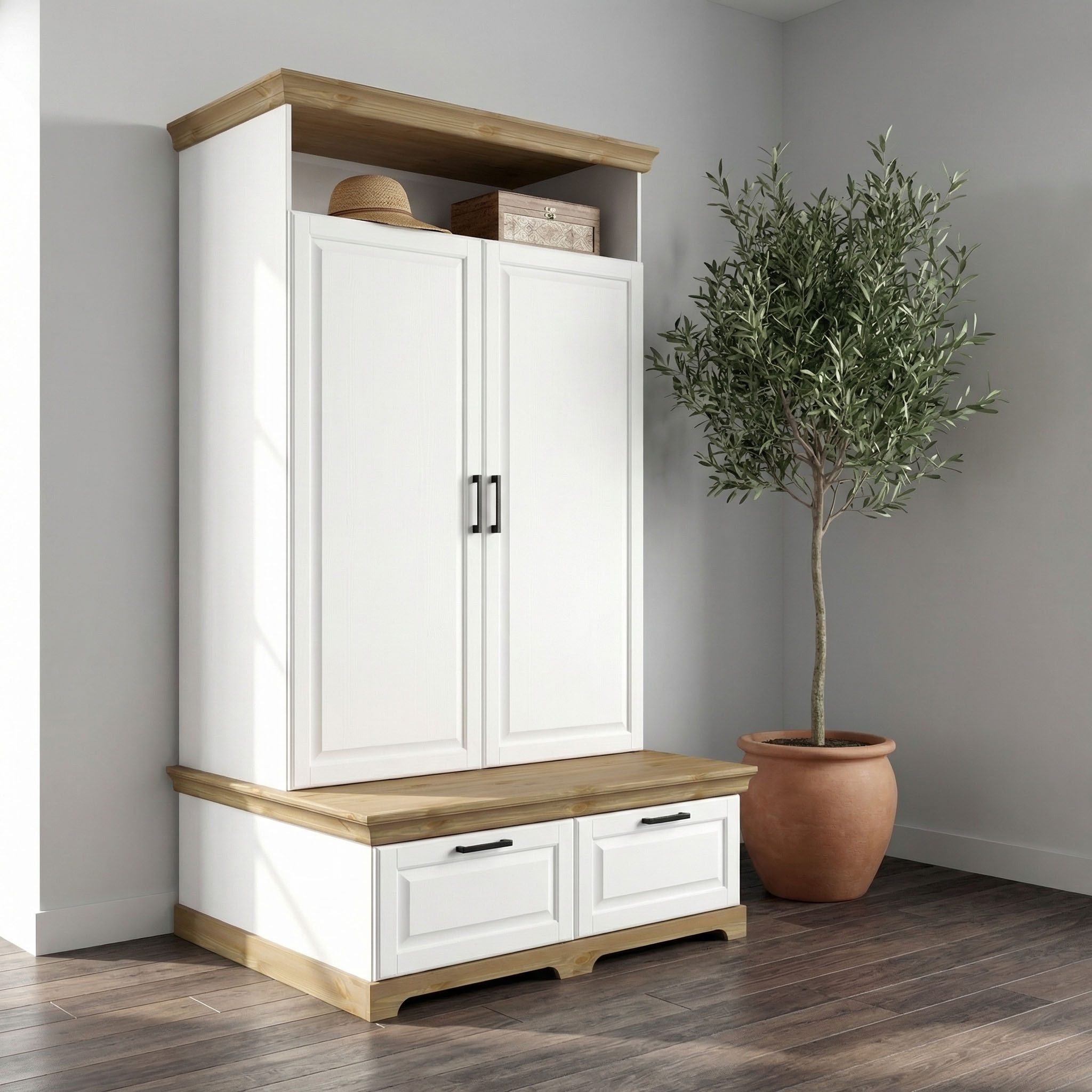 OTTO home Wäscheschrank Rügen XXL– Landhaus-Charme mit maximalem Stauraum, zeitlos schön (B/H/T ca. 127/216/70 cm) Integrierte Sitzbank + Schubladen: Stauraum für Schlafzimmer+Diele