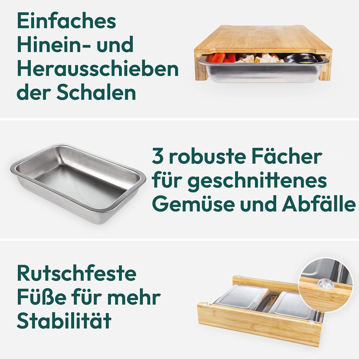 Faizee Möbel Schneidebrett Schneidebrett Bambus Schneidebrett mit 2 Auffangschalen aus Edelstahl, Bambus/Edelstahl