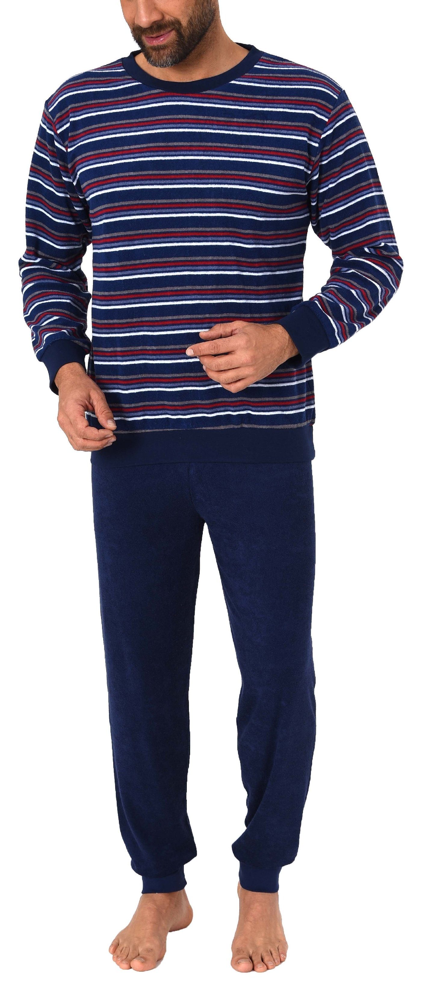 Pyjama Herren Frottee Pyjama lang Schlafanzug mit Bündchen in Streifenoptik