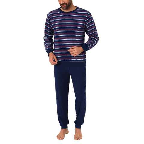 Normann Pyjama Herren Frottee Pyjama lang Schlafanzug mit Bündchen in Streifenoptik