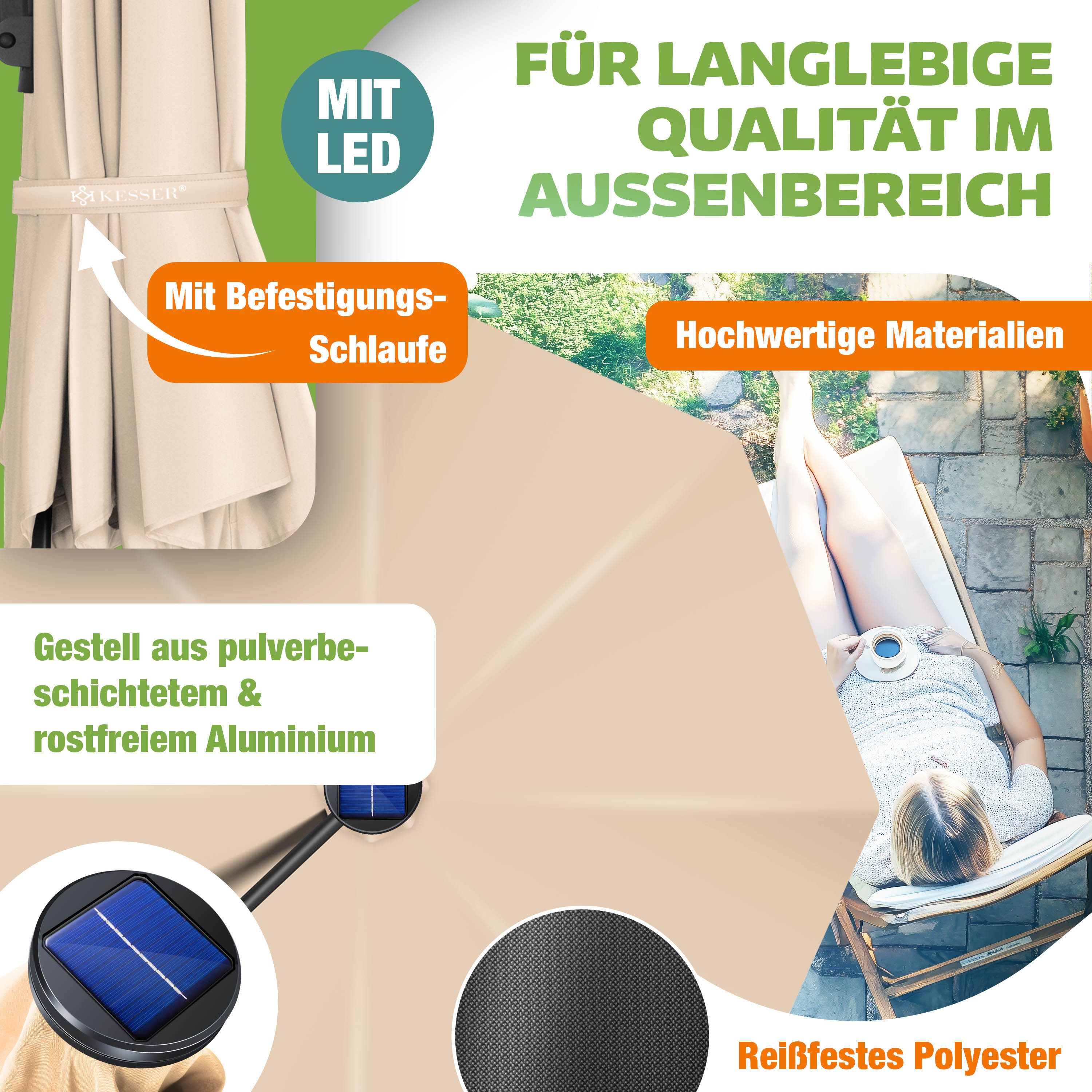 KESSER Ampelschirm, Sonnenschirm SUN Rund XL Ø330 cm 360° Drehbar inkl. Abdeckung