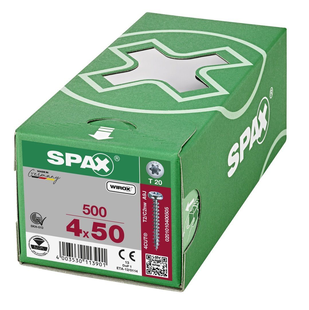 SPAX Spanplattenschraube Universalschraube, 500 4x50 St), verzinkt, weiß mm (Stahl