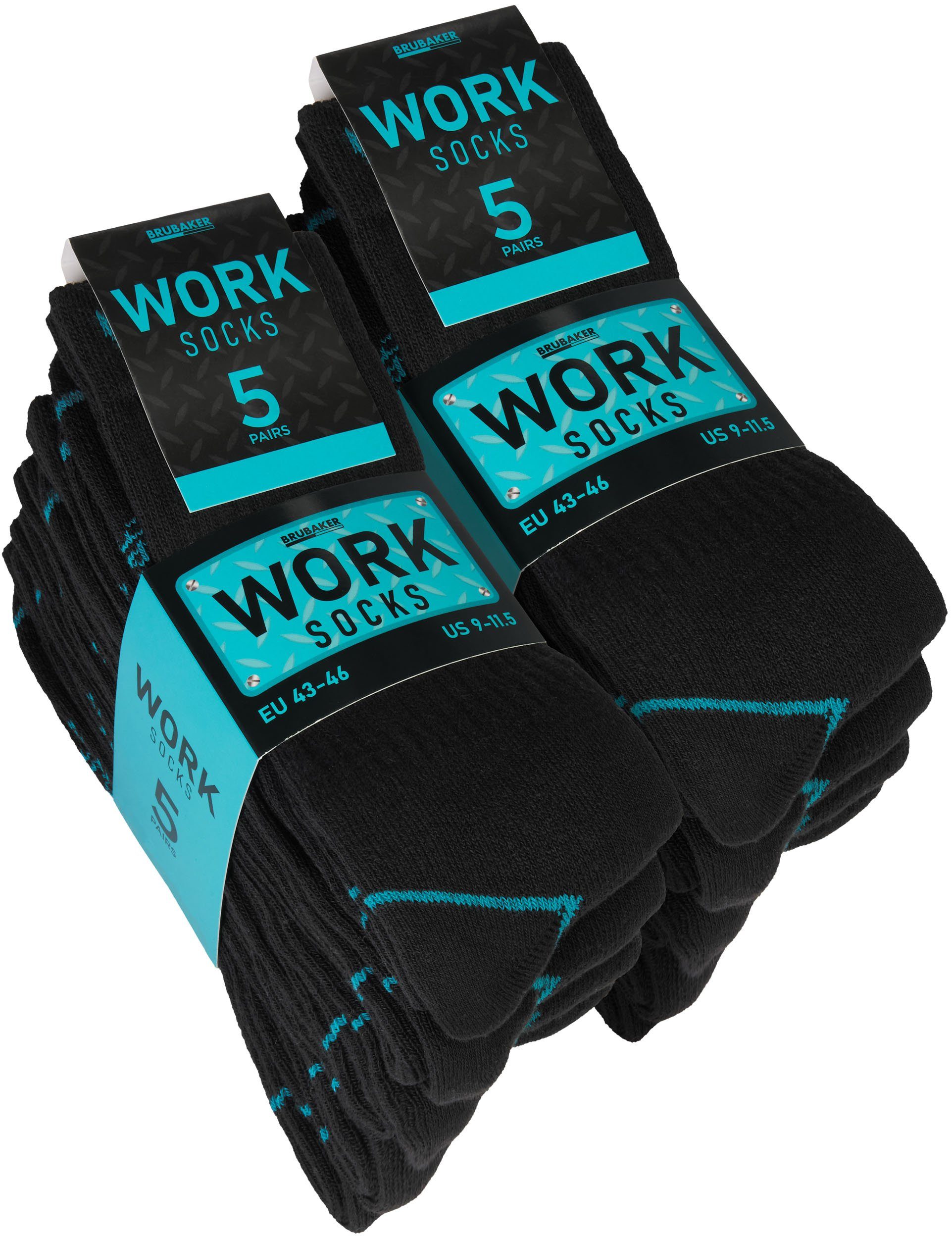 BRUBAKER Носки рабочие für Herren - 10 oder 20 Paar Work Socken - Schwarz Türkis (Verstärkter Fersen und Zehenbereich, 10-Paar, Work Socks Носки рабочие aus Baumwolle) Robuste Funktionssocken für optimalen Halt auf der Arbeit