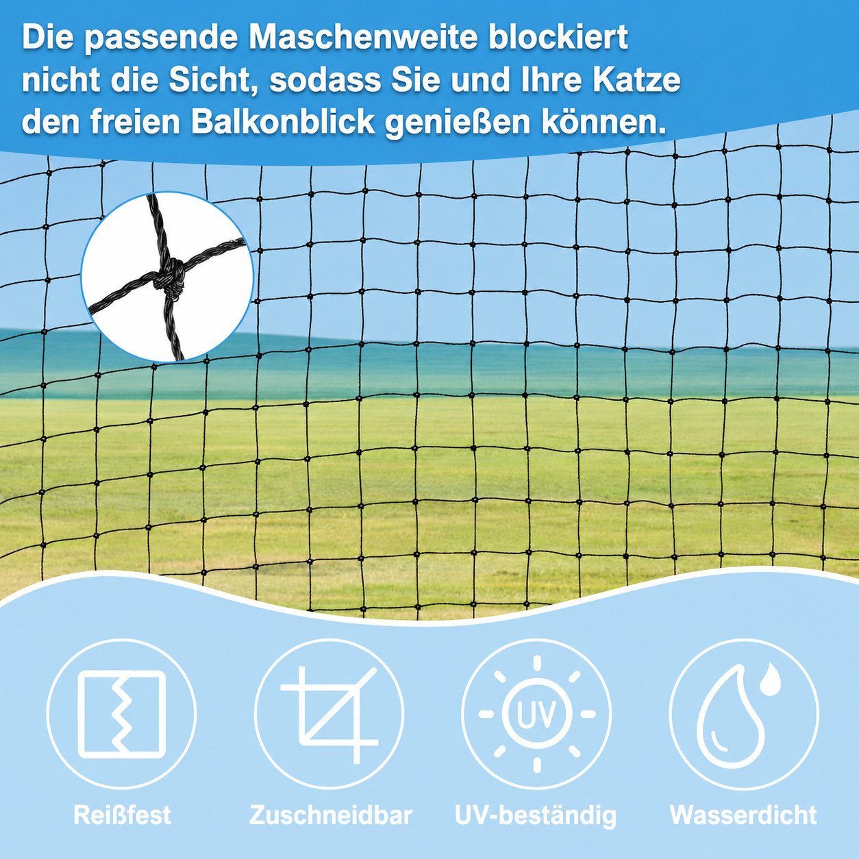 AIMAX Tiersicherheitsnetz Schutznetz für Katzen, Katzennetz für Balkon, Fenster & Terrasse, BxL: 3x4 m, Katzennetz mit Befestigungsseil, Nägel, Kabelbinder
