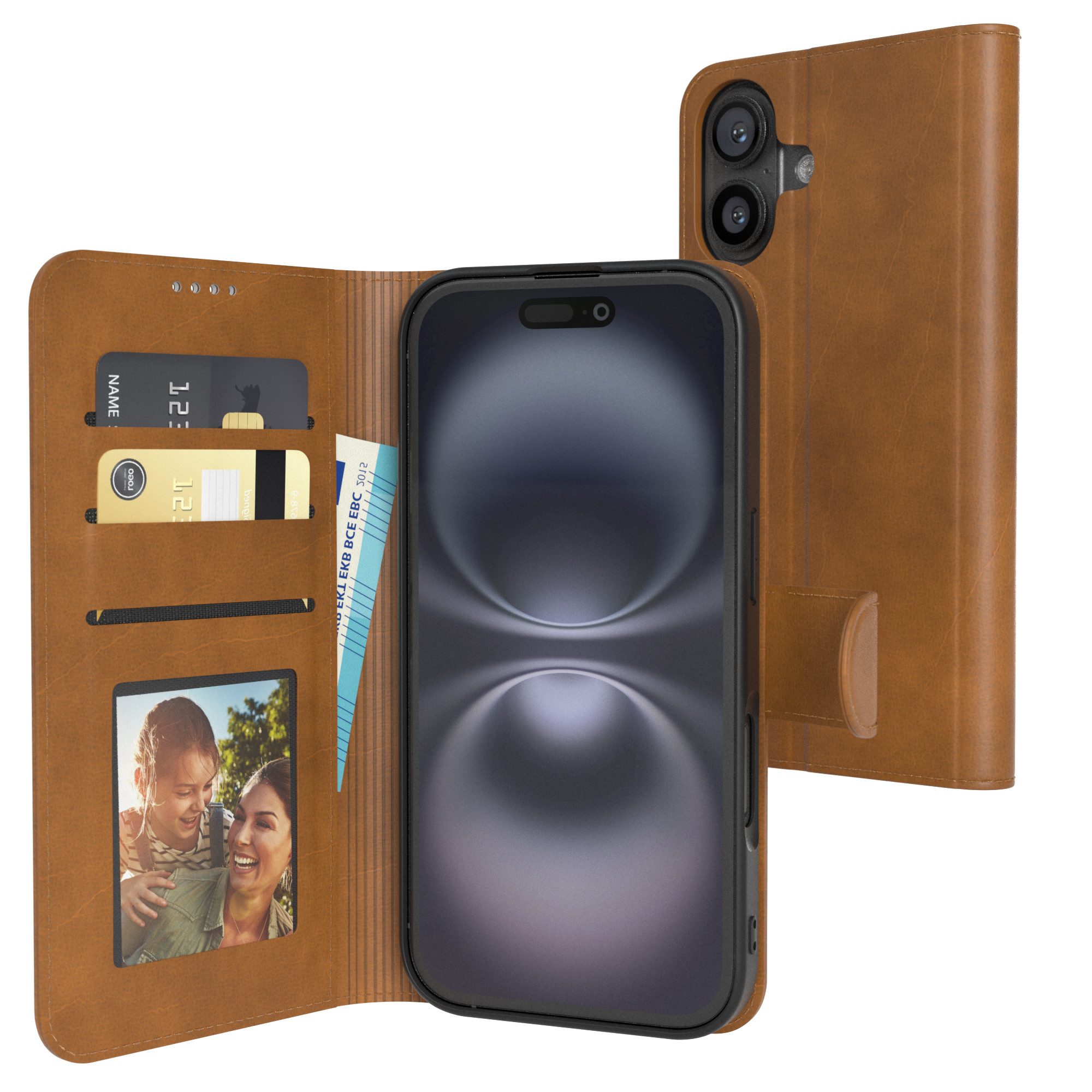 EAZY CASE Handyhülle Business Handytasche Kartenfächer für iPhone 16 6,1 Zoll, Flipcase mit Sichtfenster für Foto Klapp Hülle Kartenetui Hellbraun
