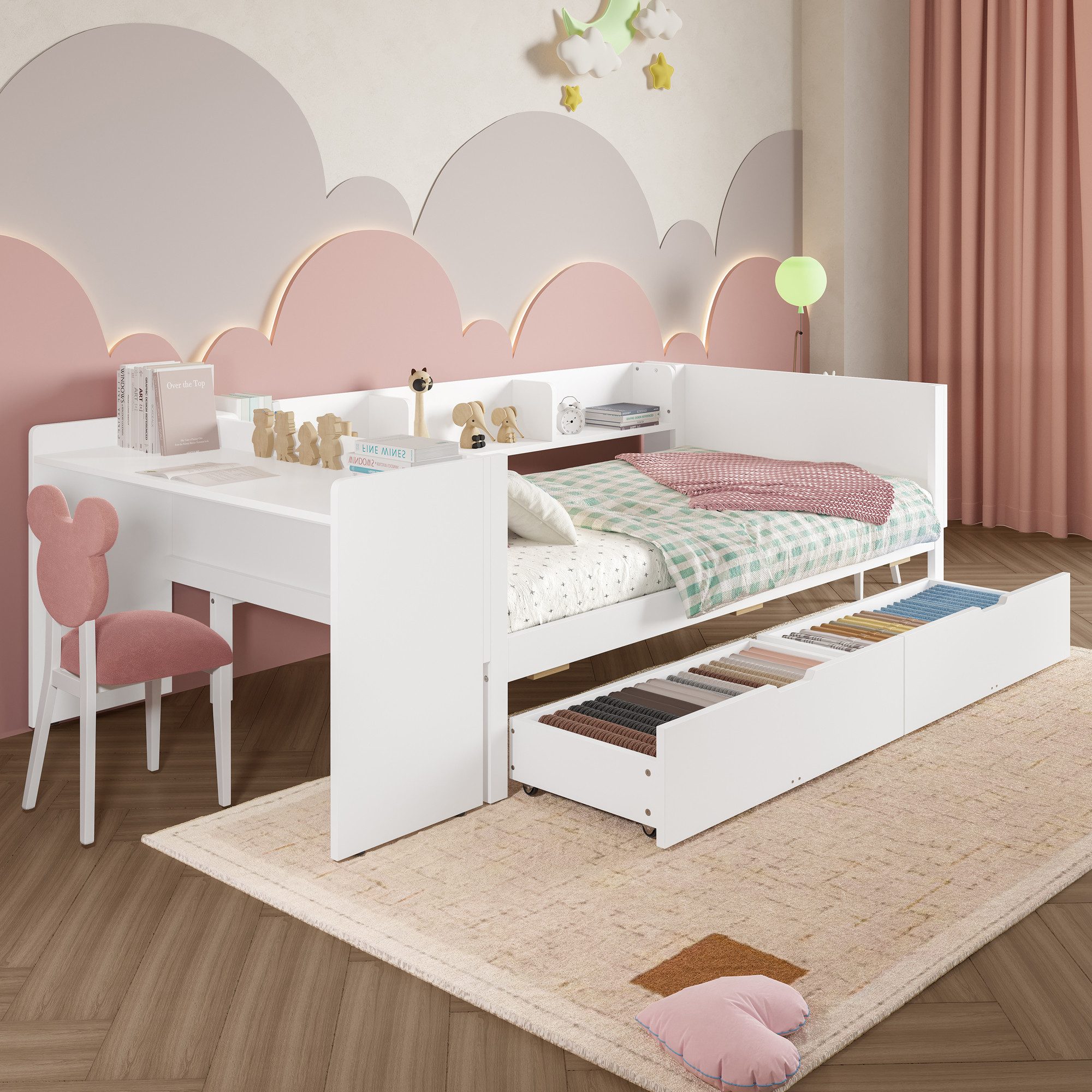 Flieks Kinderbett, Massivholzbett Einzelbett 90x200cm mit Schreibtisch und günstig online kaufen