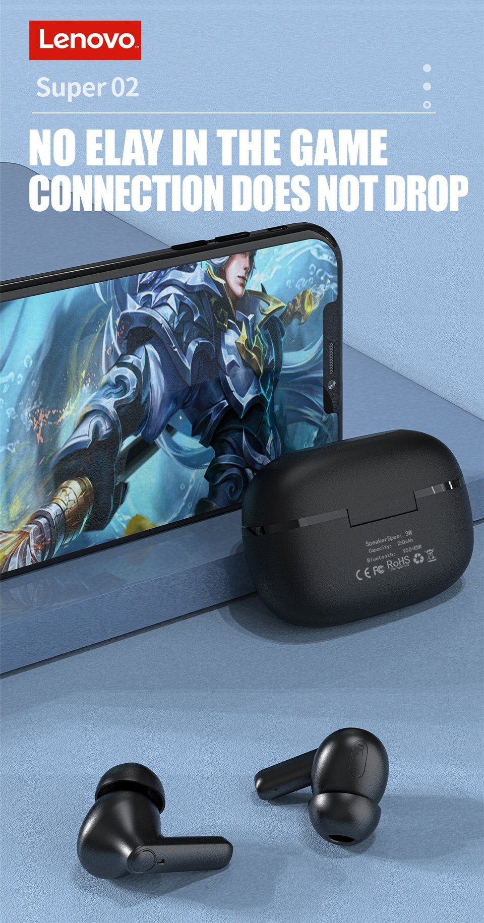 Wireless, Bluetooth 5.0, kabellos, Google 250 Siri, mAh HT05 Schwarz) mit mit Touch-Steuerung Kopfhörer-Ladehülle Assistant, Bluetooth-Kopfhörer Lenovo - (True Stereo-Ohrhörer
