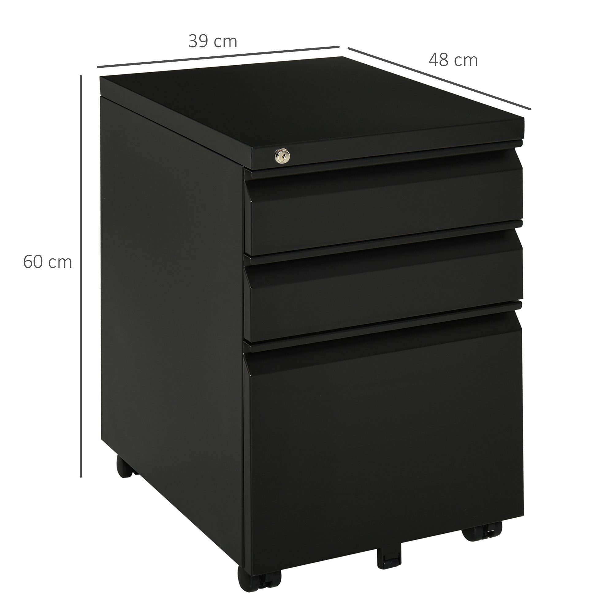 Vinsetto Rollcontainer Büroschrank mit 3 Schubladen, (Büroschrank, 1 St., Bürocontainer), Stahl Schwarz 39 x 48 x 60 cm