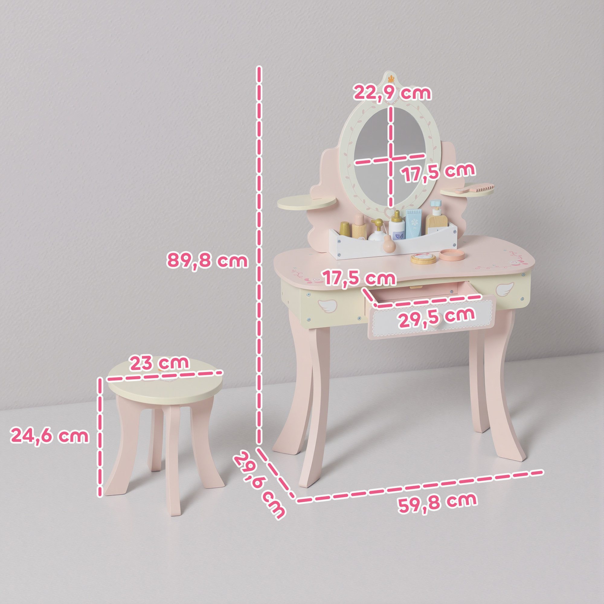 AIYAPLAY Schminktisch mit Hocker, Schublade, abnehmbar Spiegel, Regal, 7 Spielzubehörteilen (Frisiertisch, 2-St., 2-in-1-Kosmetiktisch), für Kinder ab 3 Jahre, Rosa