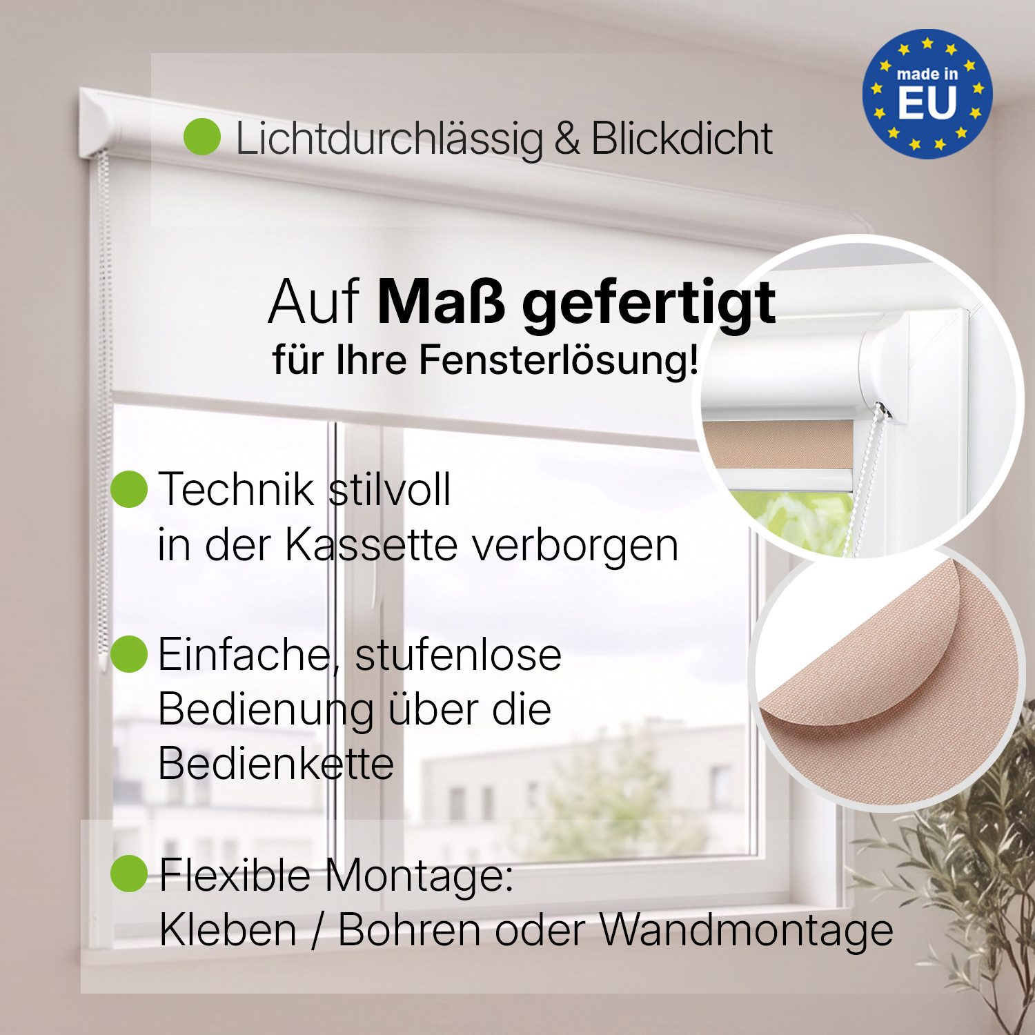 Rollo Premium Kassettenrollo mit Seitenschienen, Fensterrollo, DomDeco, blickdicht, ohne Bohren, durch Kleben oder Schrauben, Lichtdurchlässig, Rollo mit Seitenführung, Seitenzugrollo