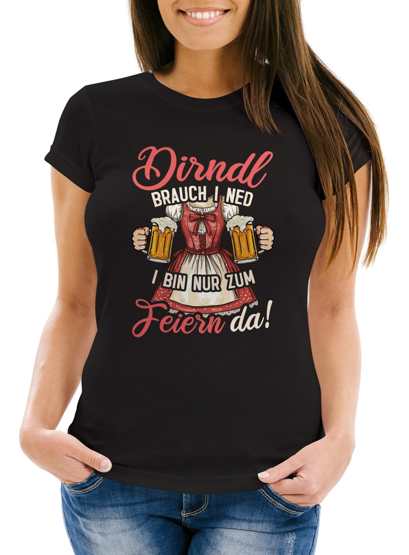 MoonWorks Print-Shirt Damen T-Shirt Trachtenshirt Dirndl Spruch Ich bin nur zum Feiern da mit Print