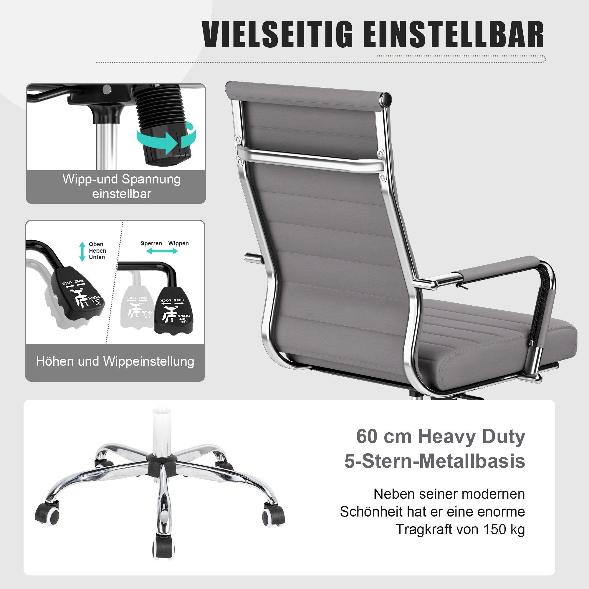 UEV Stuhl Schreibtischstuhl ergonomisch, Drehstuhl mit Rollen (Bis 150kg, Konferenzstühle, Büro-Gästestuhl), Höhenverstellbar,Wippfunktion,Metallrahmen,Gepolste – Bild 4 von 5