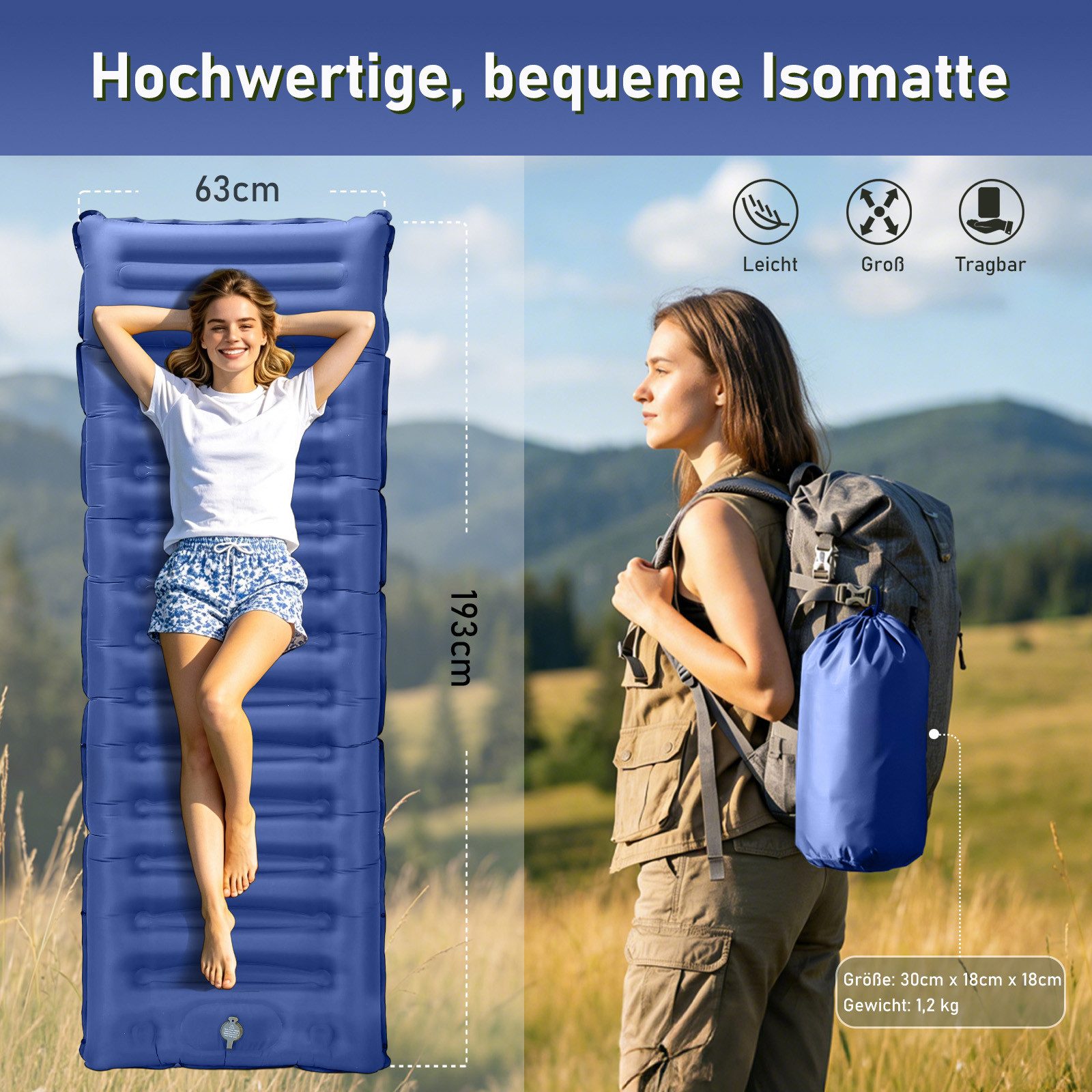 Elegear Isomatte isomatte selbstaufblasend 12/14cm Campingmatte Outdoor, 195×65/138CM, (1-tlg), mit Fußpumpe, leicht zu tragen, camping zubehör, für Wandern, Zelt