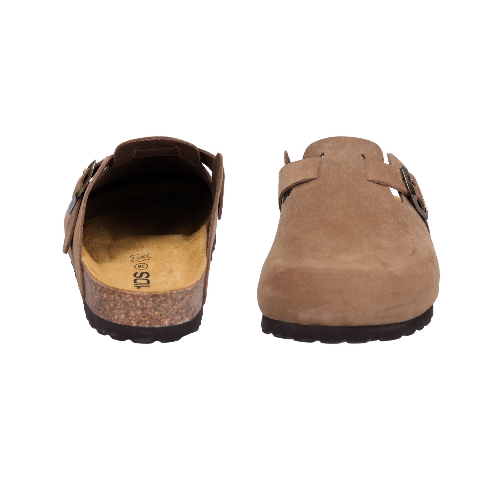 MIDS MONTY Damen Pantolette tan mit Velourleder & Rauleder-Fußbett, Komfort-Clog, Weichtrittsohle