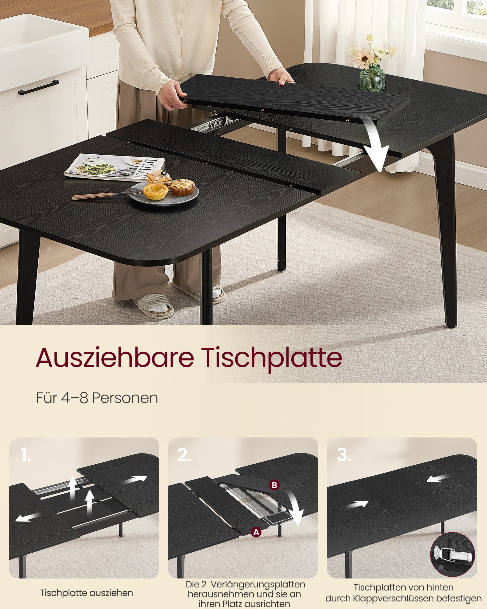 VASAGLE Esstisch Ausziehbarer Ess- und Küchentisch, mit erweiterbarer Tischplatte, 120 kg belastbar, schlichtes Design – Bild 4 von 5