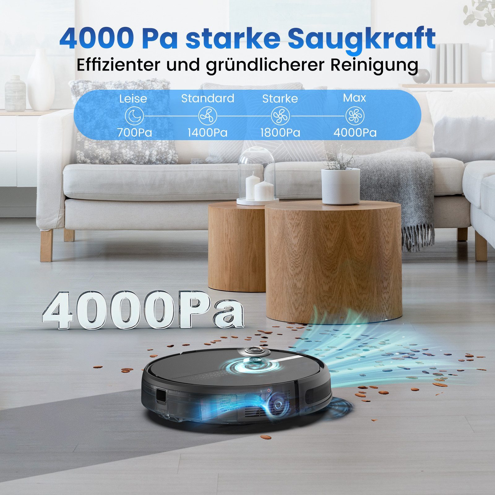 AIRROBO Saugroboter G50, 4000 Pa starke Saugkraft, 4 Reinigungsmodi,120 min Laufzeit, 45 W, App & Sprachsteuerung,3-in-1Kehren & saugen & wischen, für Tierhaare & Hartböden,Zwei Jahre Garantie G60