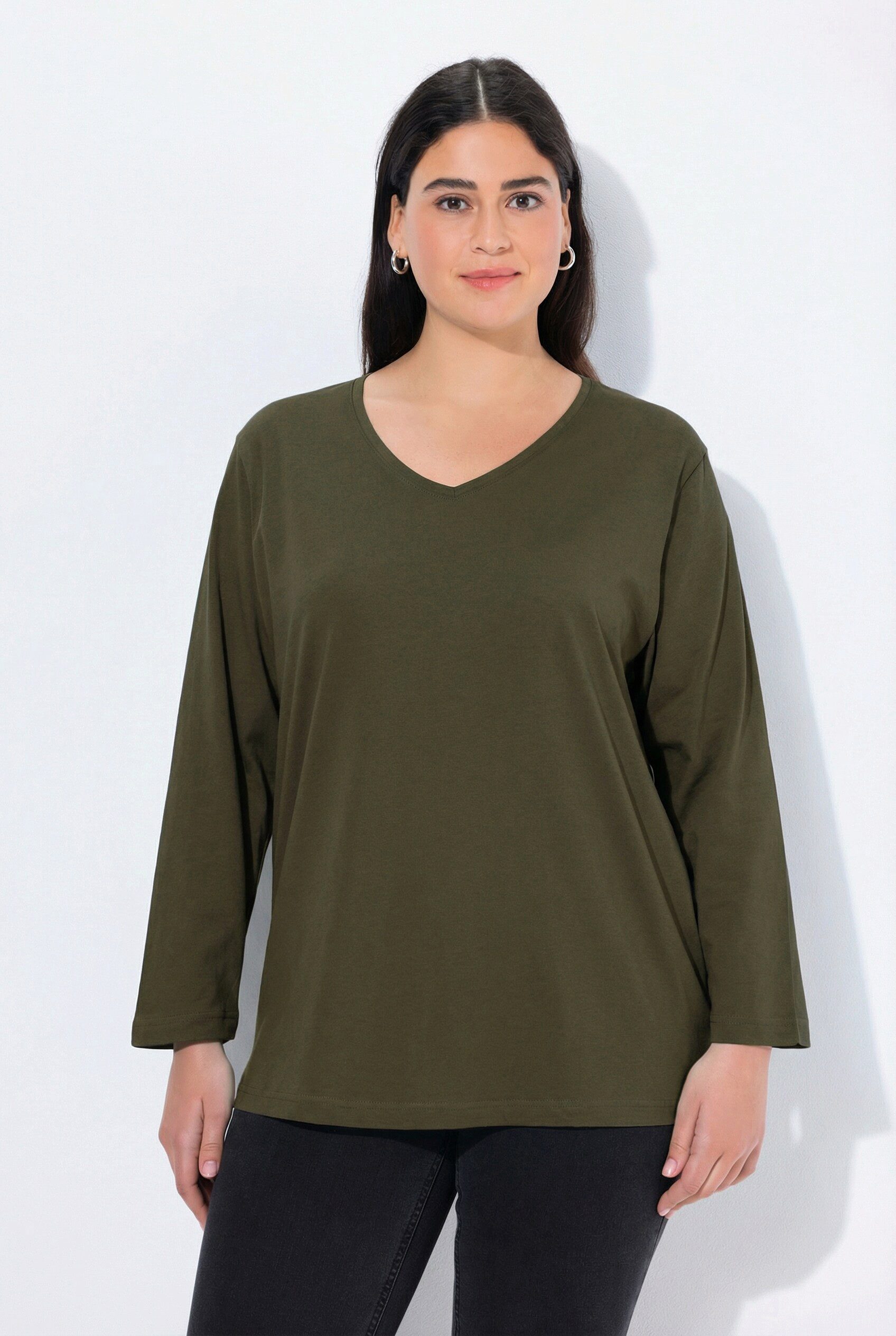 Ulla Popken T-Shirt Shirt V-Ausschnitt Relaxed Langarm